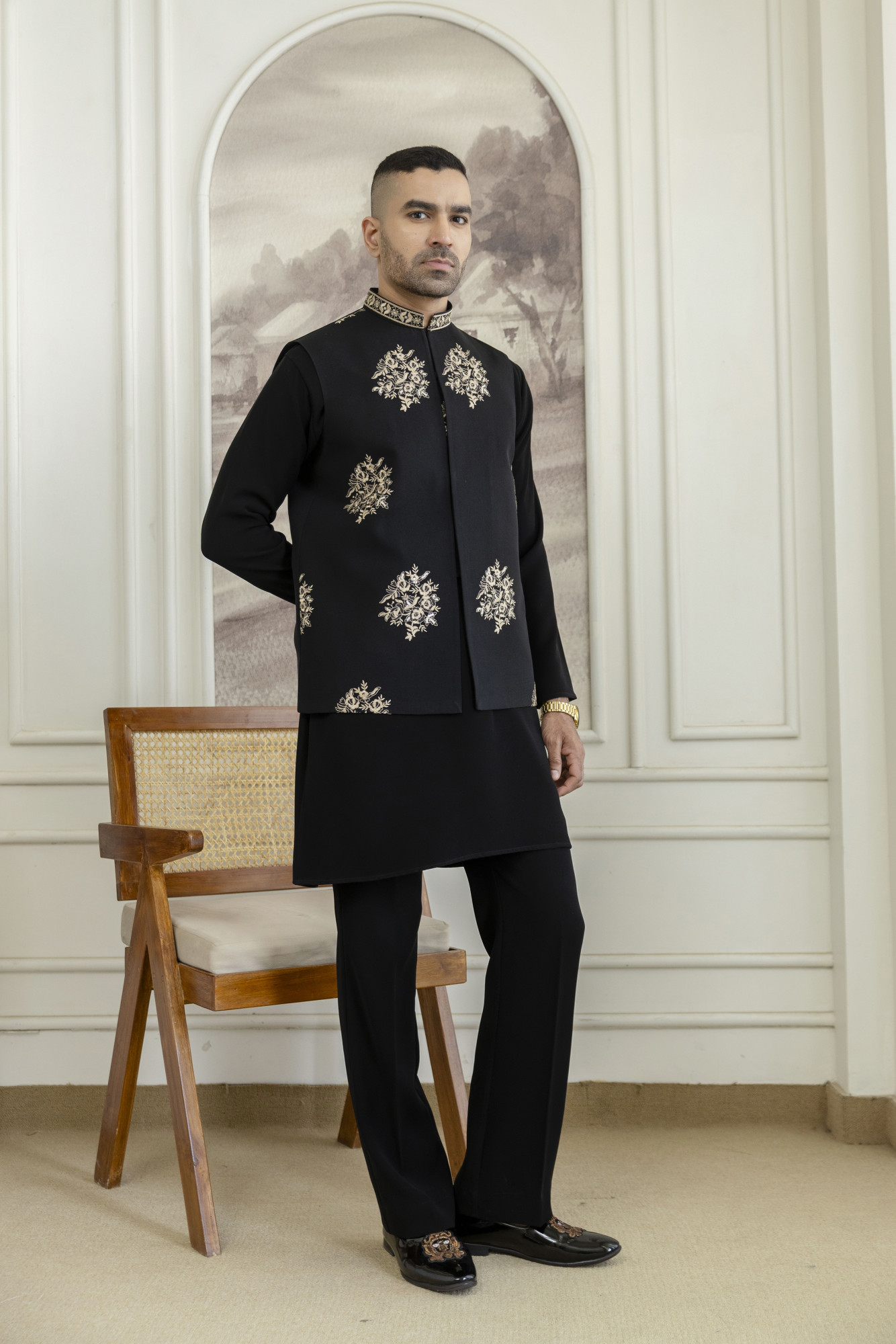 Gold Embroidered Half Jacket In Black Armani