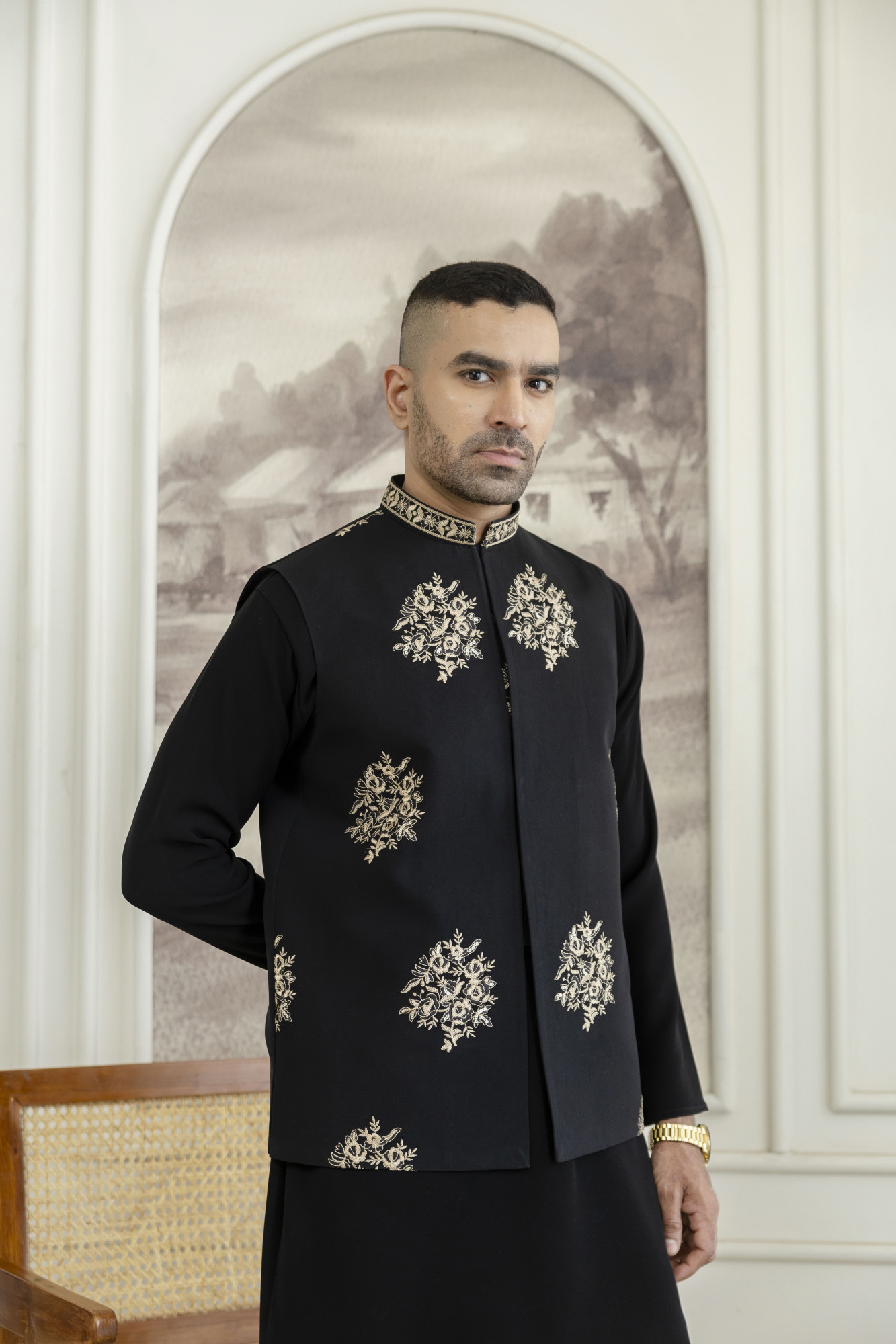 Gold Embroidered Half Jacket In Black Armani