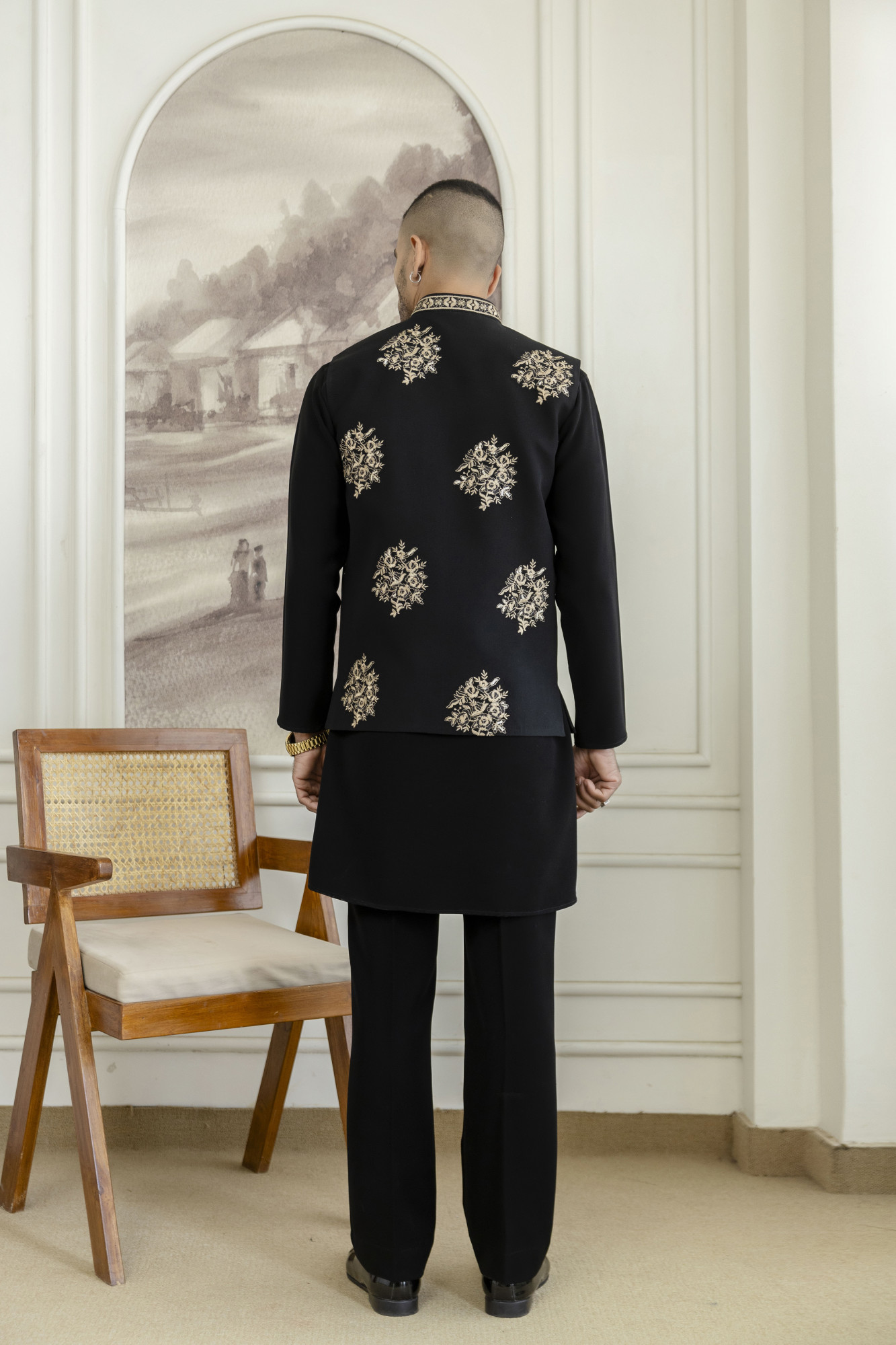 Gold Embroidered Half Jacket In Black Armani