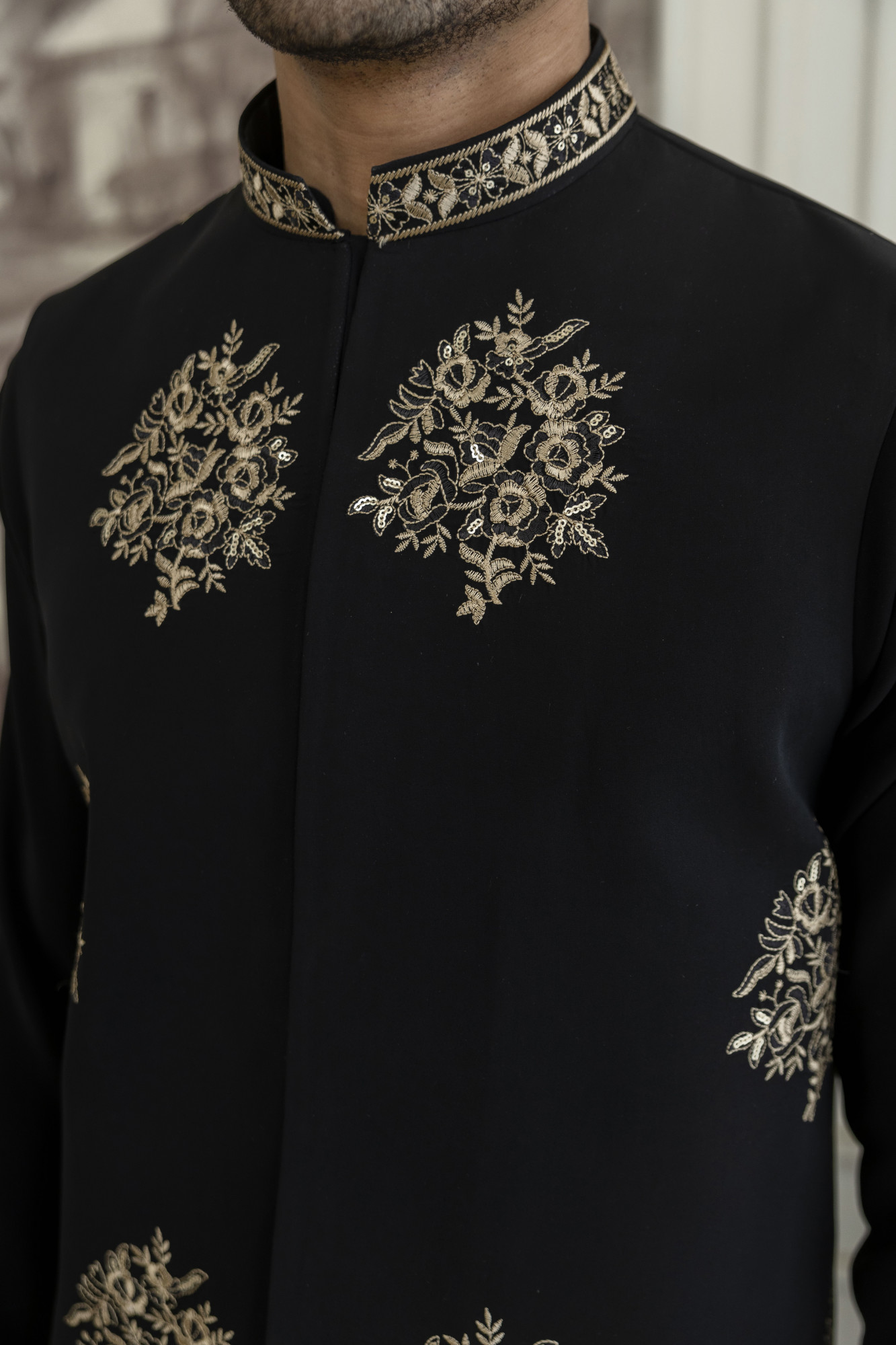 Gold Embroidered Half Jacket In Black Armani