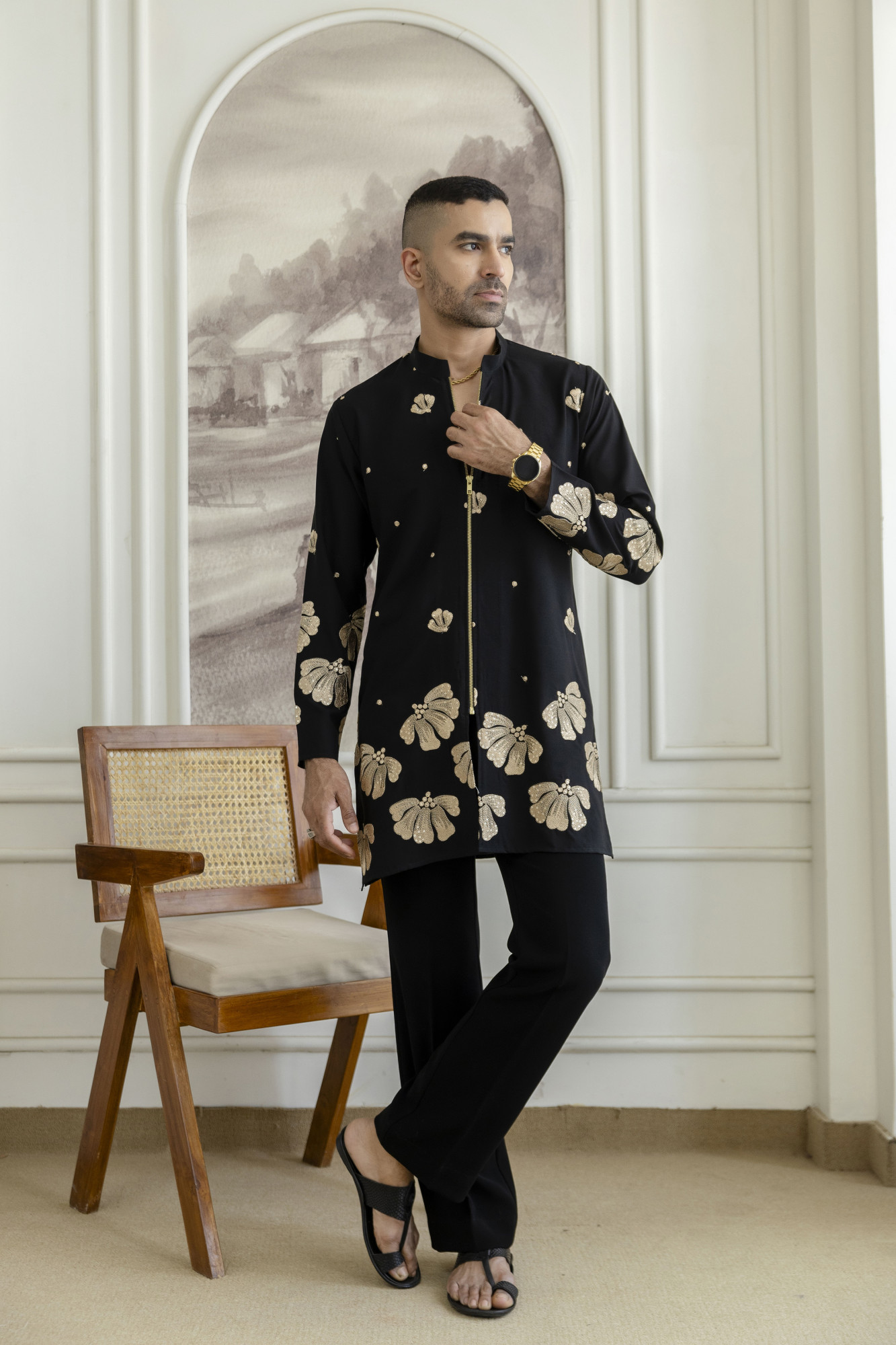 Embroidered Chained Kurta In Black Armani