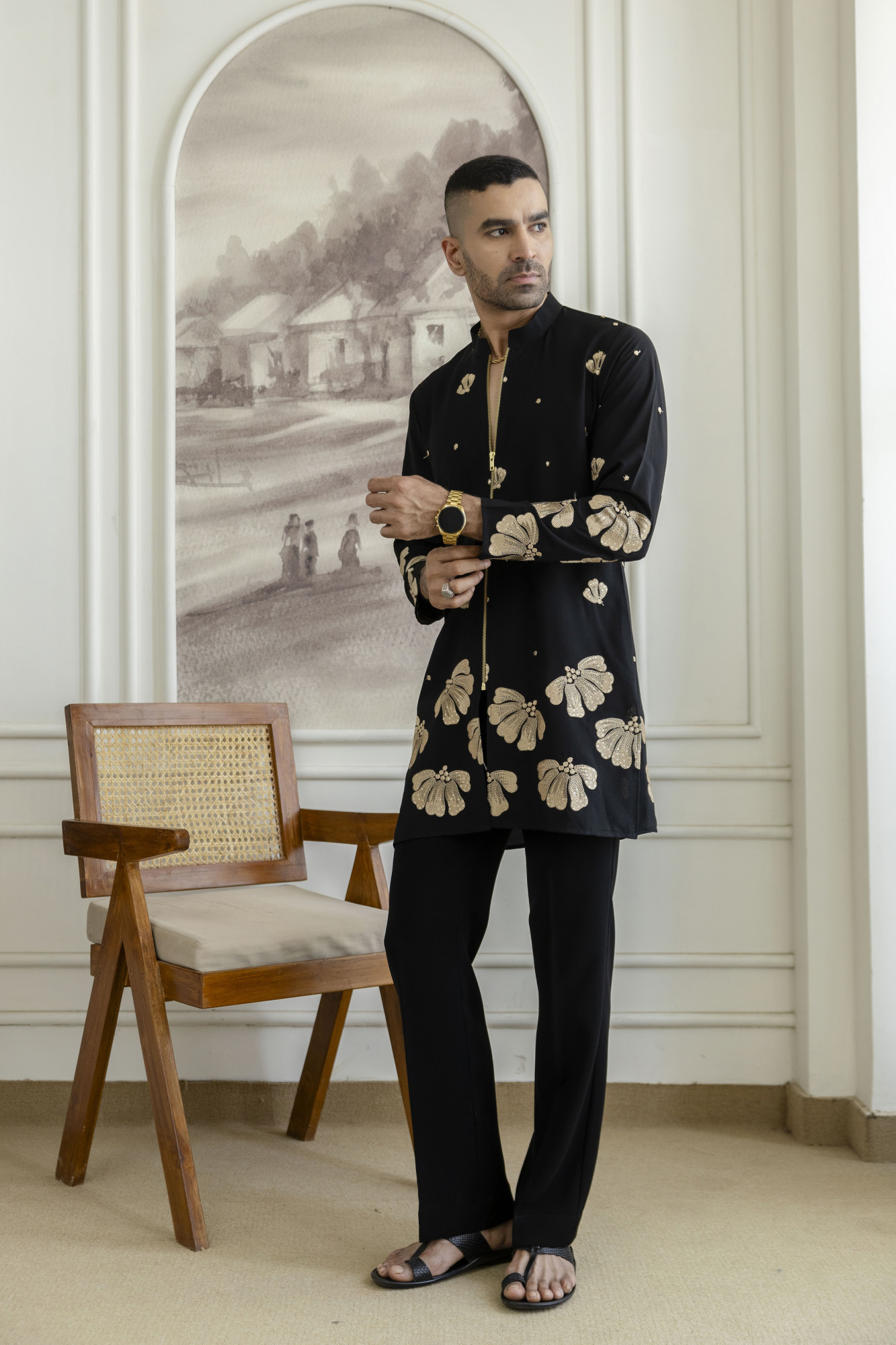 Embroidered Chained Kurta In Black Armani