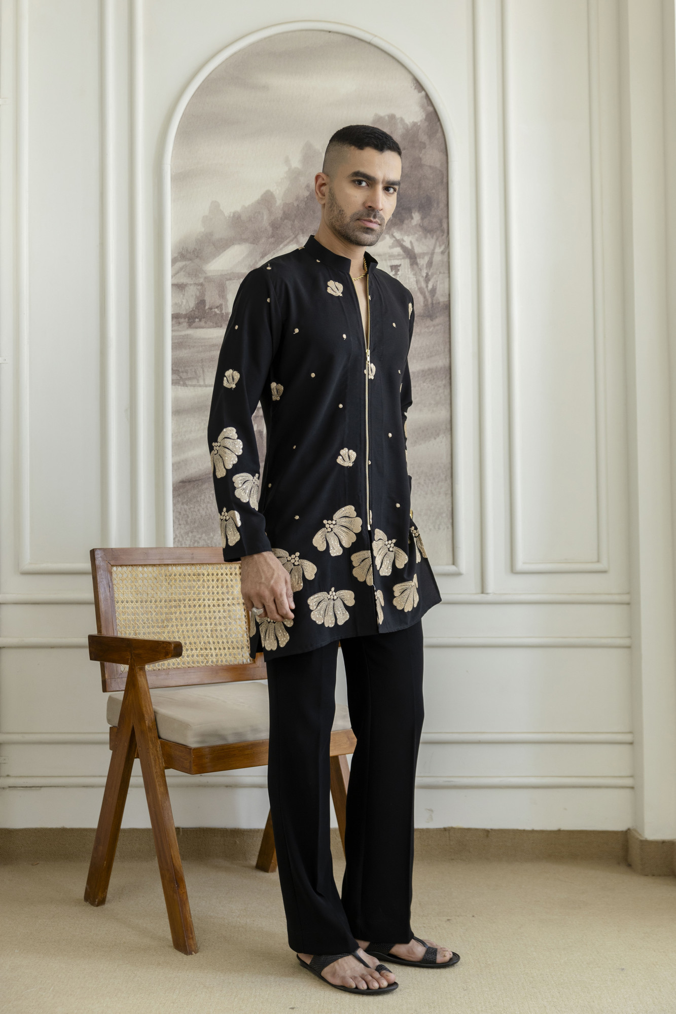 Embroidered Chained Kurta In Black Armani