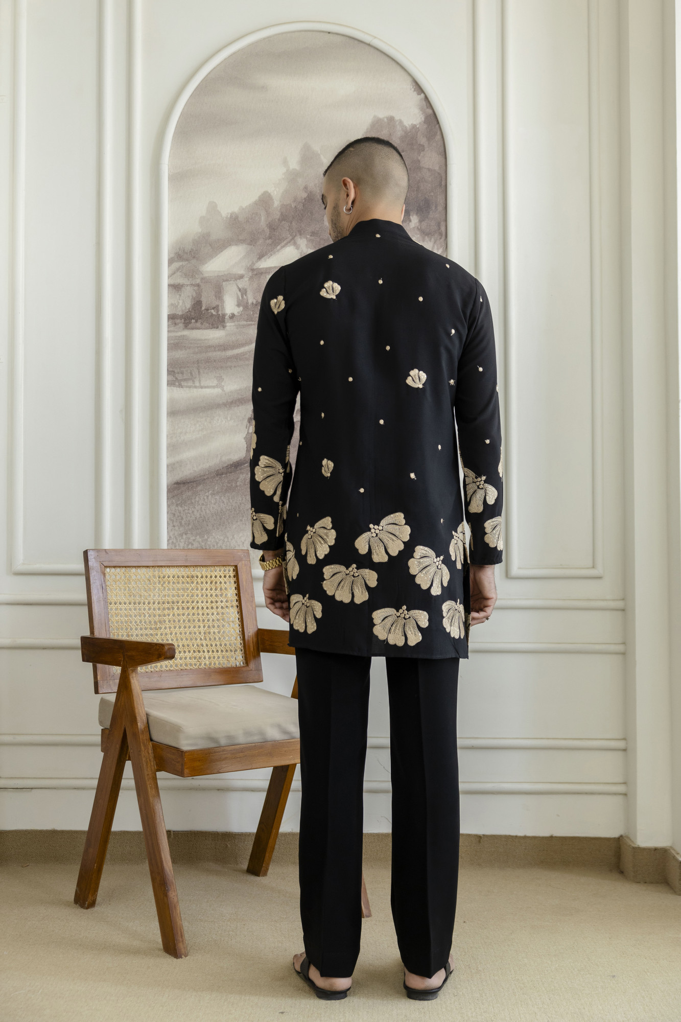 Embroidered Chained Kurta In Black Armani