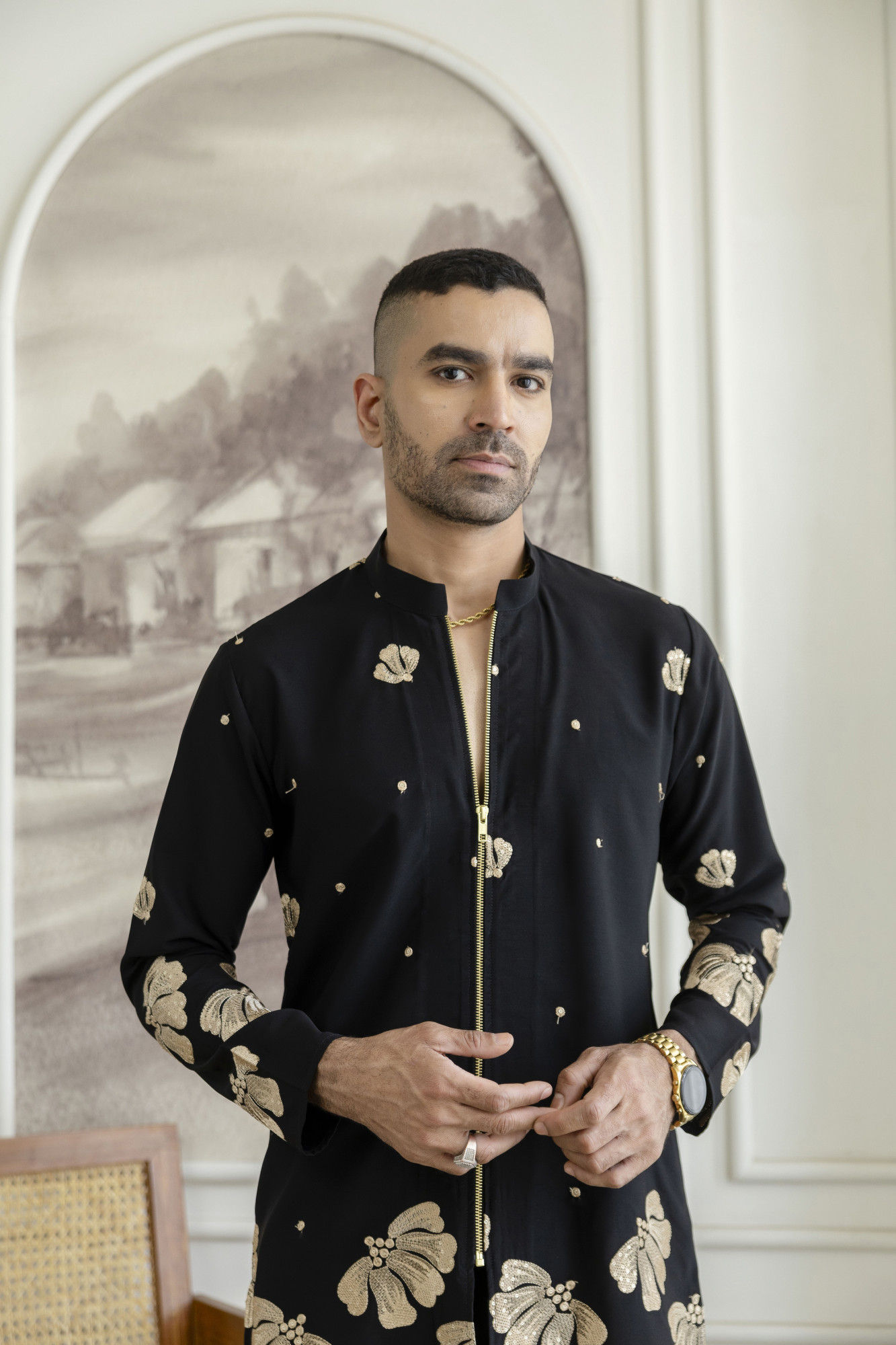 Embroidered Chained Kurta In Black Armani