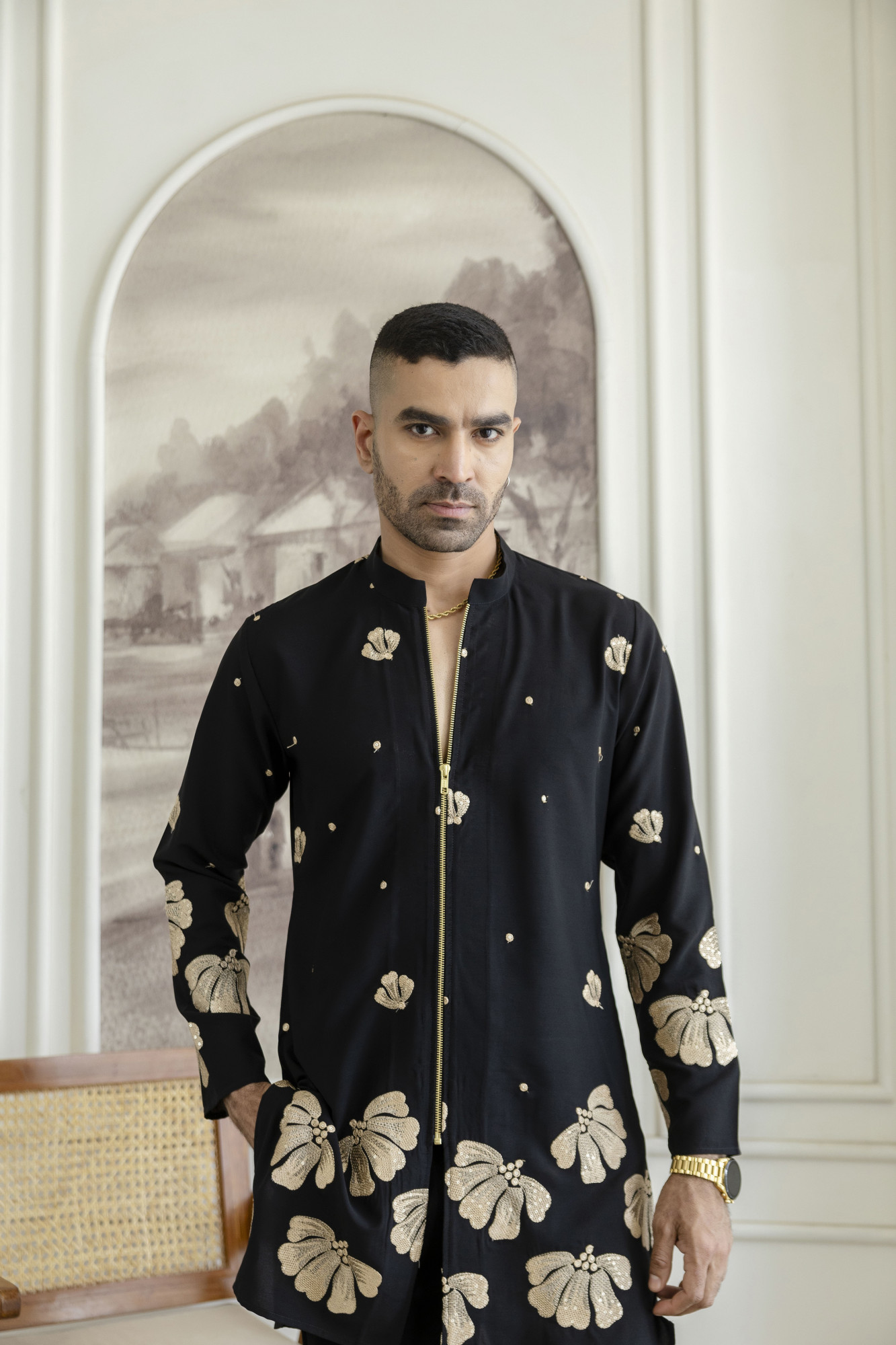 Embroidered Chained Kurta In Black Armani