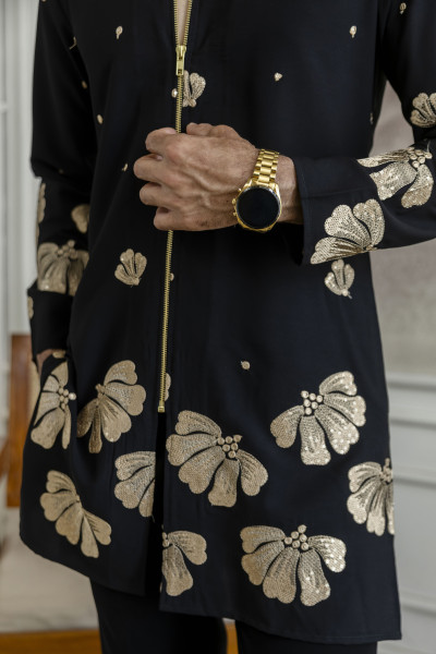 Embroidered Chained Kurta In Black Armani