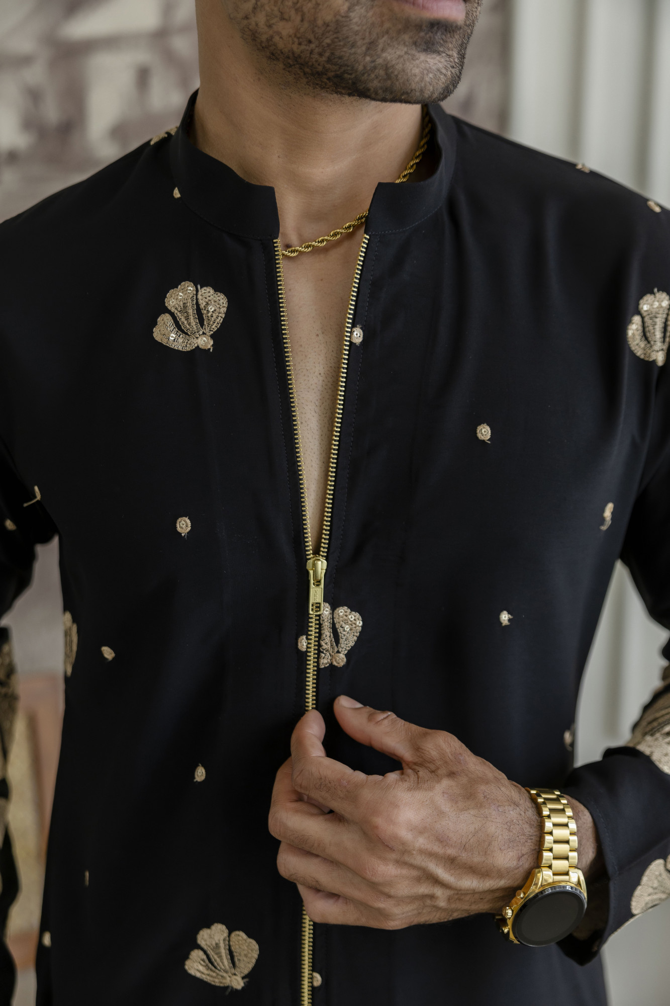 Embroidered Chained Kurta In Black Armani