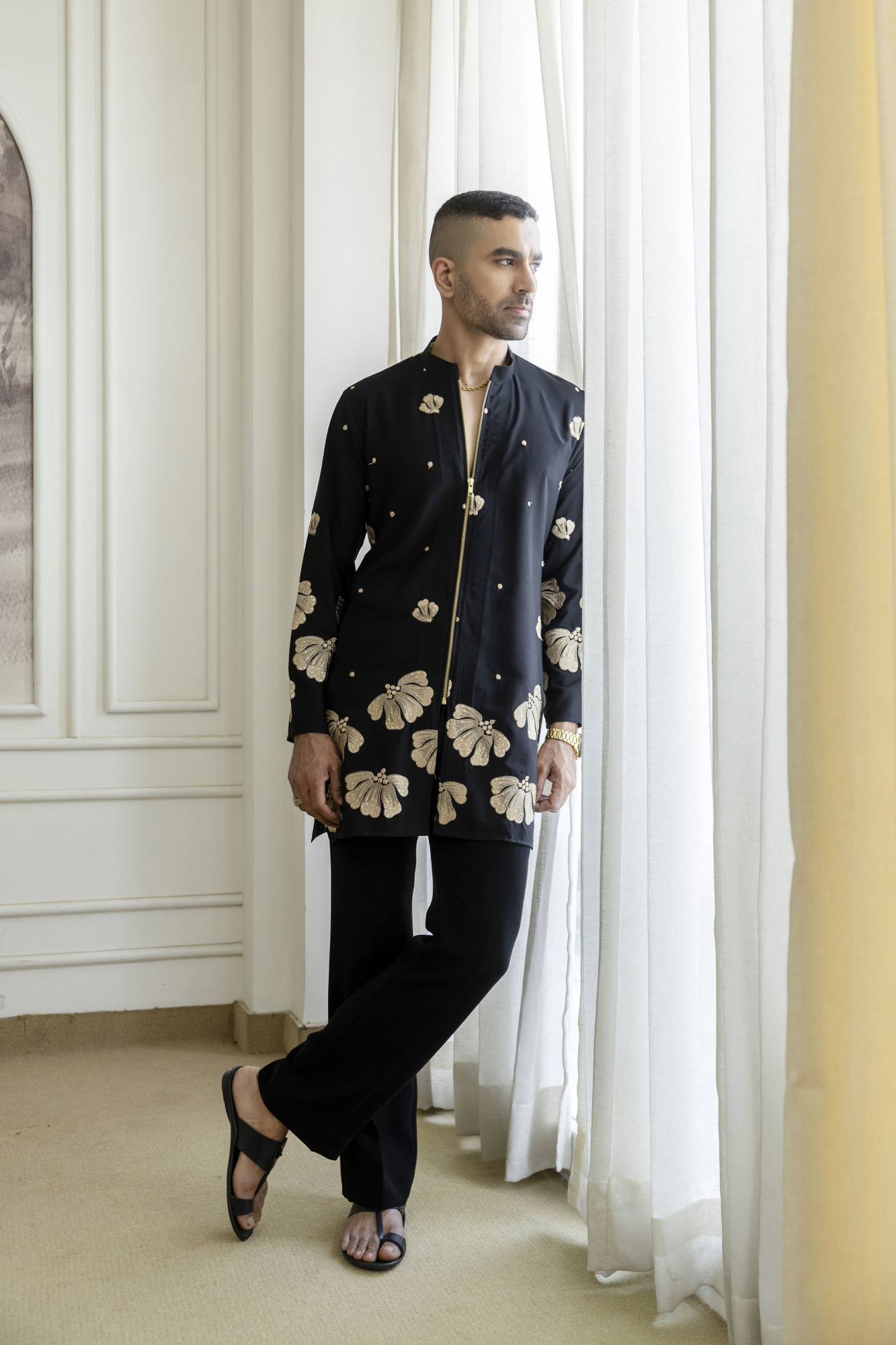 Embroidered Chained Kurta In Black Armani