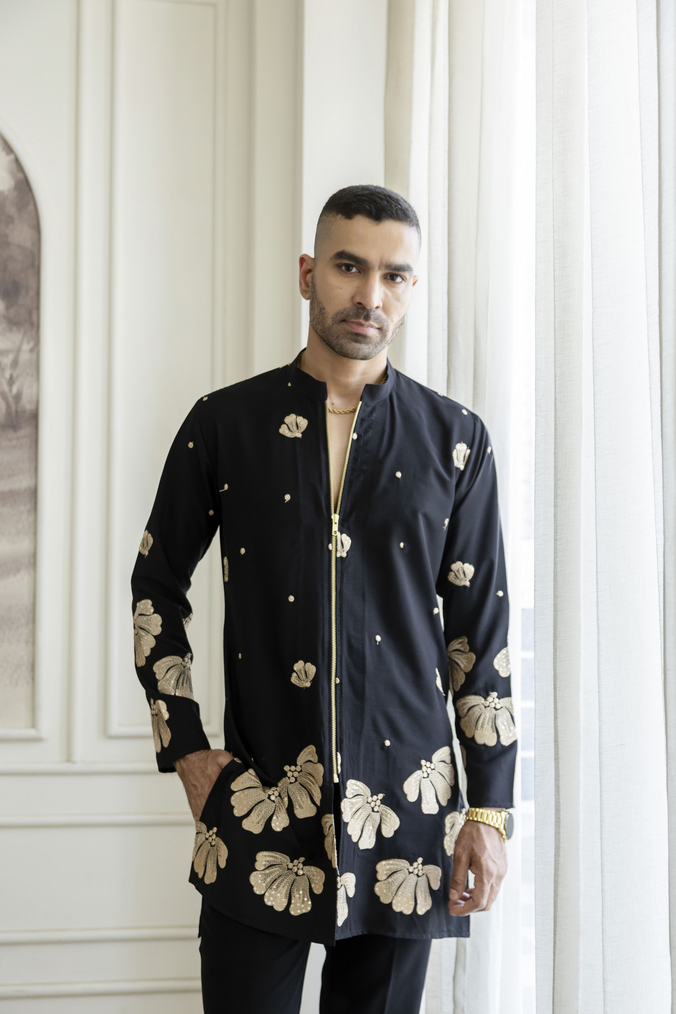 Embroidered Chained Kurta In Black Armani