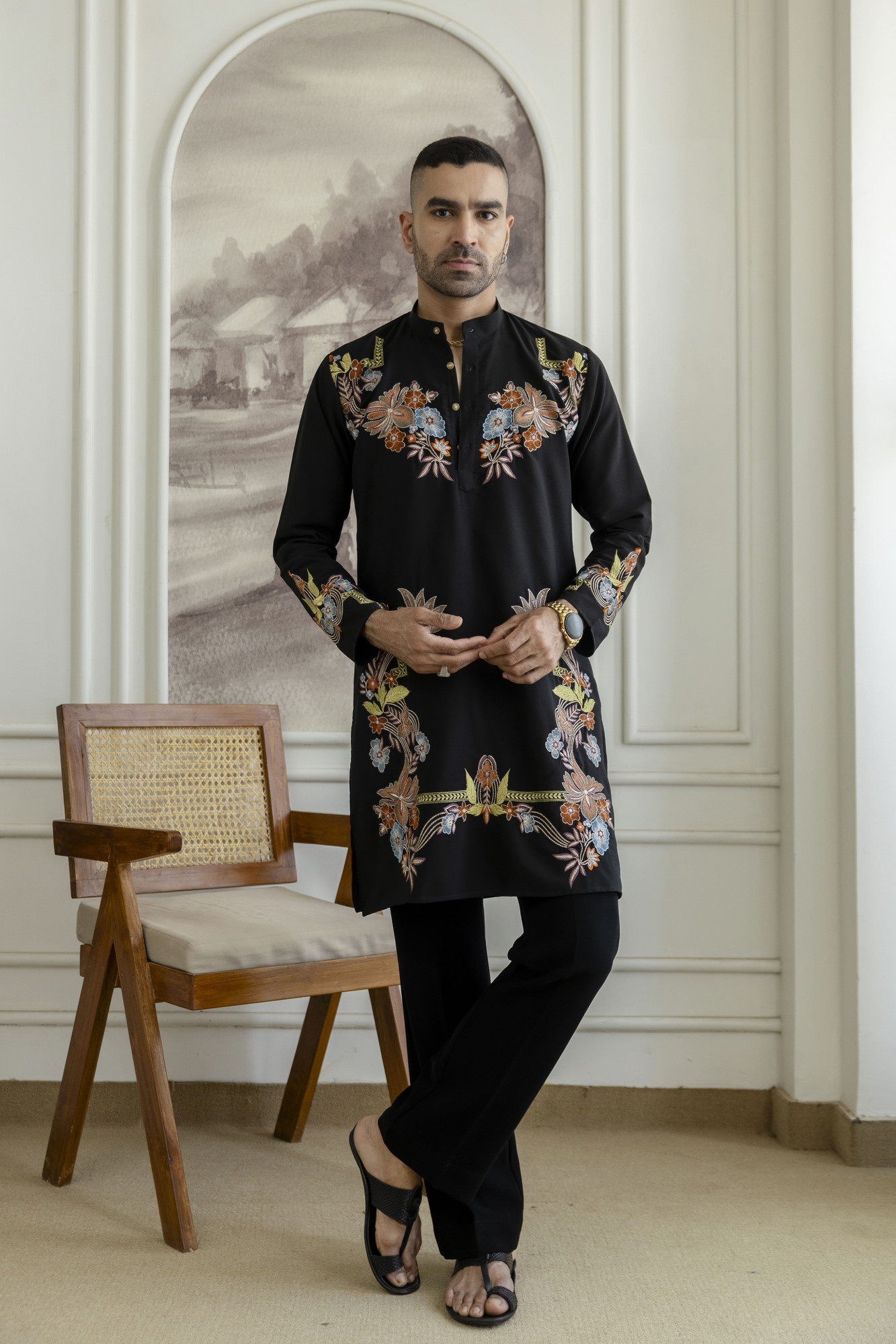 Multicolor Embroidered Kurta In Black Armani