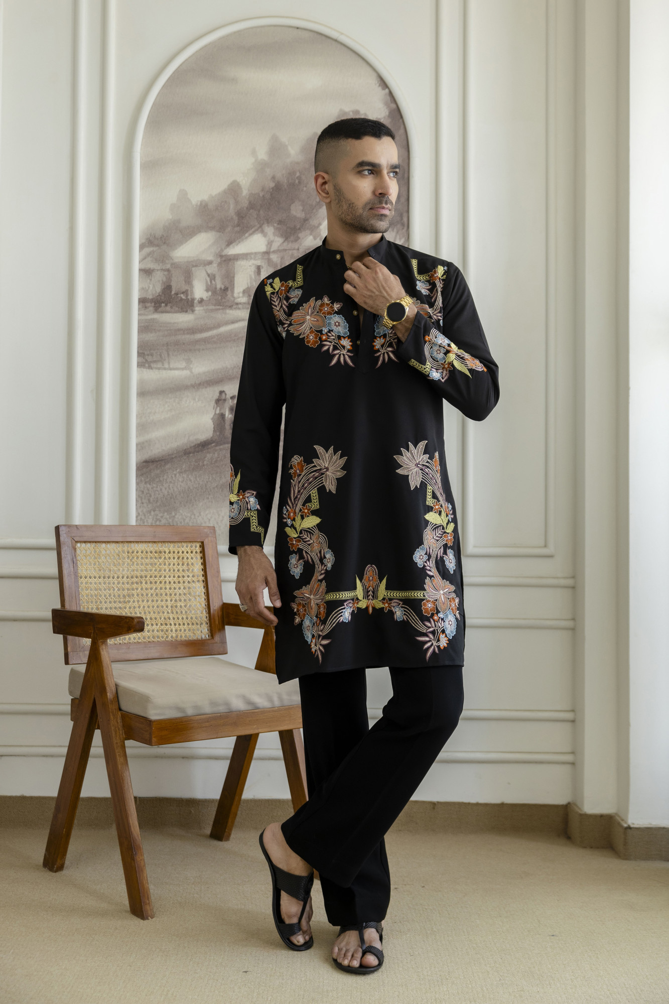 Multicolor Embroidered Kurta In Black Armani