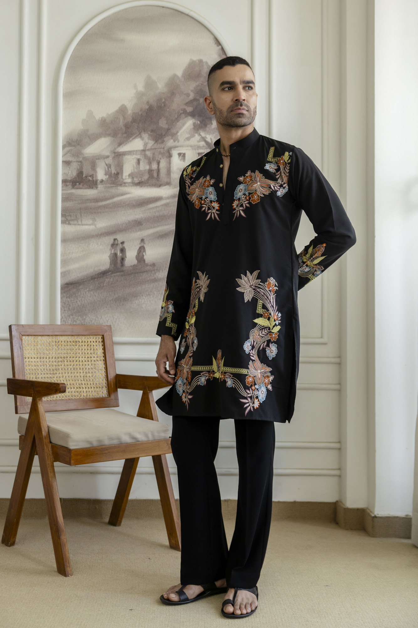 Multicolor Embroidered Kurta In Black Armani