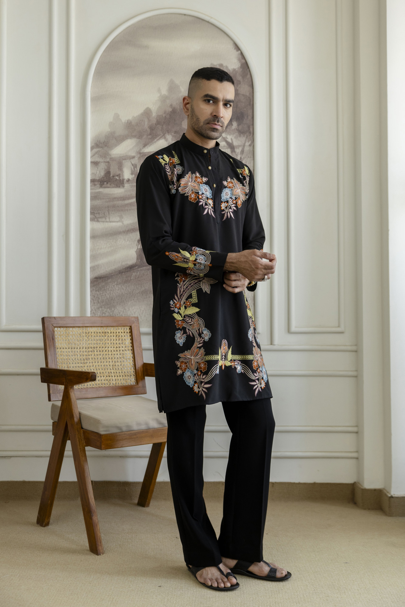 Multicolor Embroidered Kurta In Black Armani