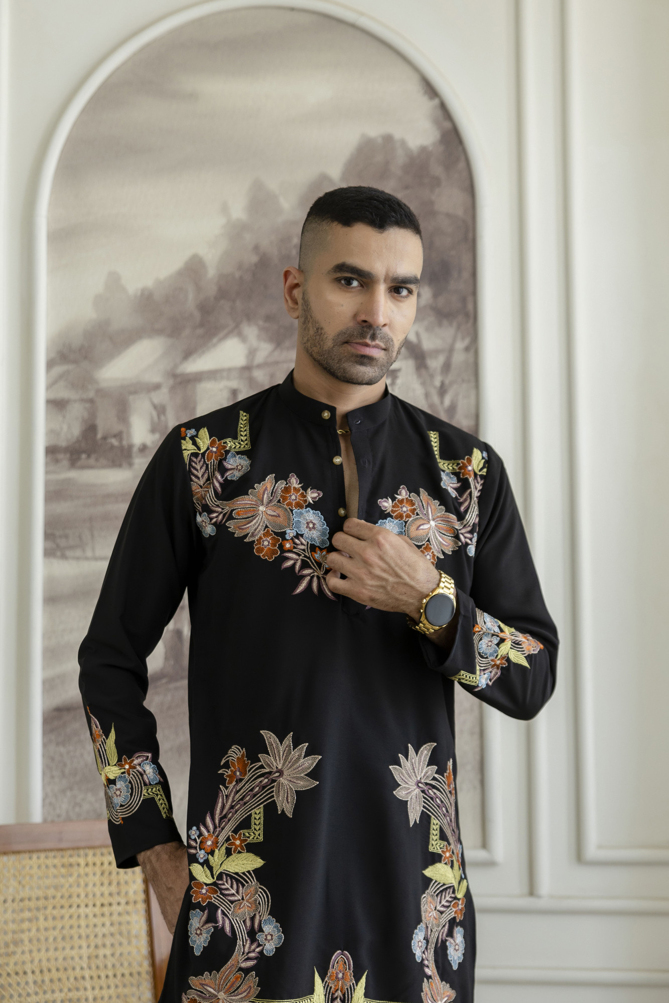 Multicolor Embroidered Kurta In Black Armani