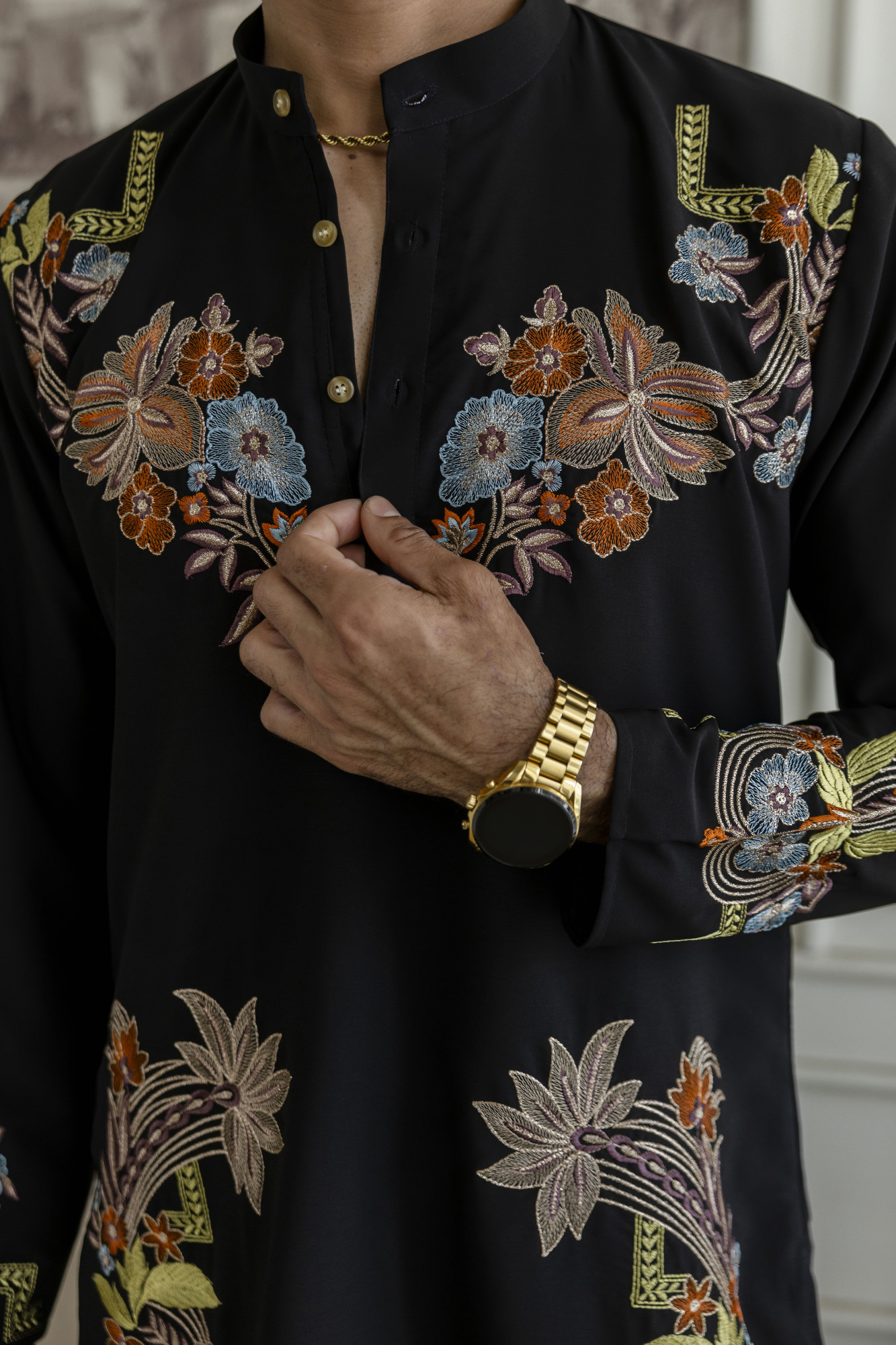Multicolor Embroidered Kurta In Black Armani