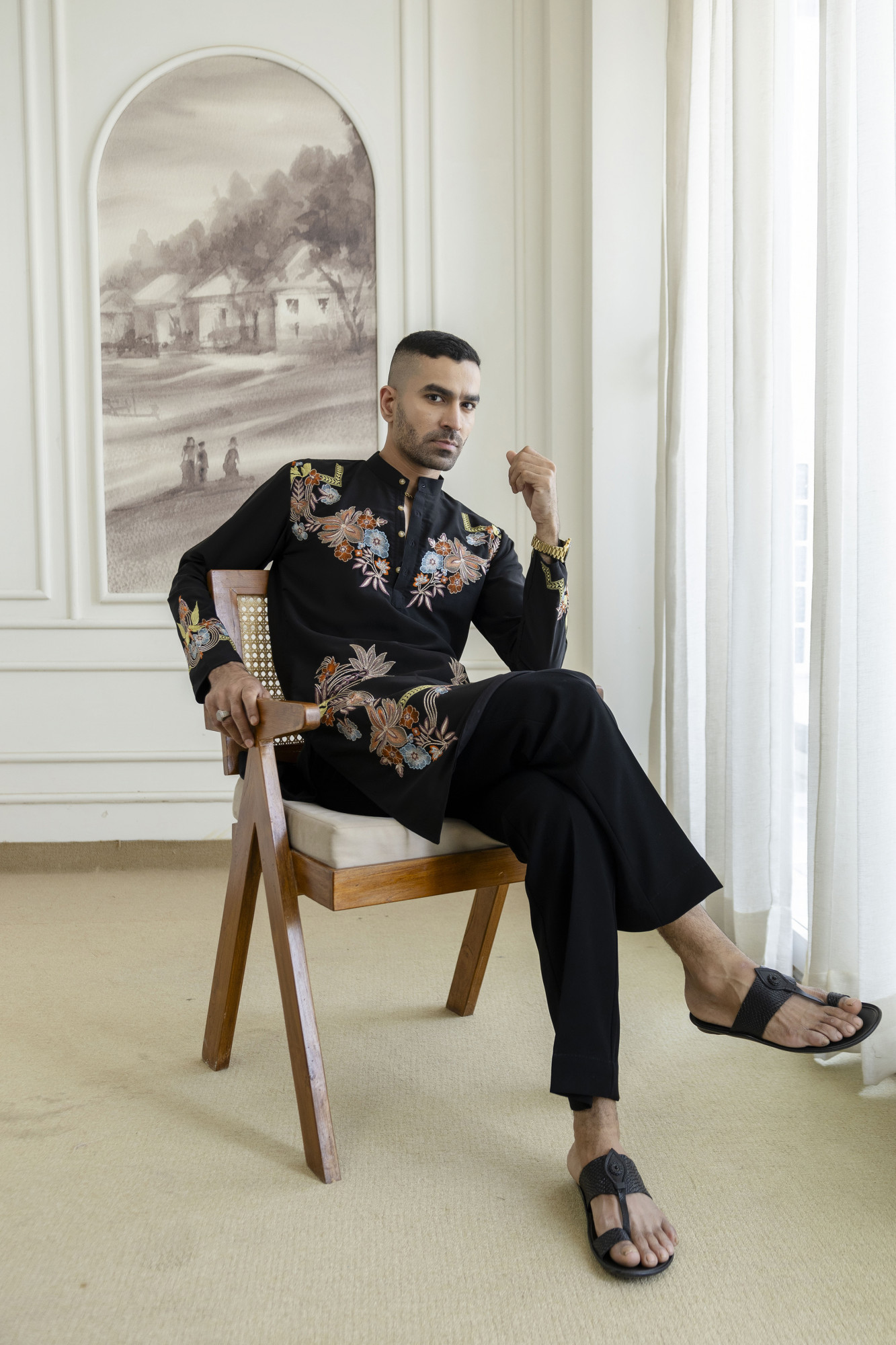 Multicolor Embroidered Kurta In Black Armani