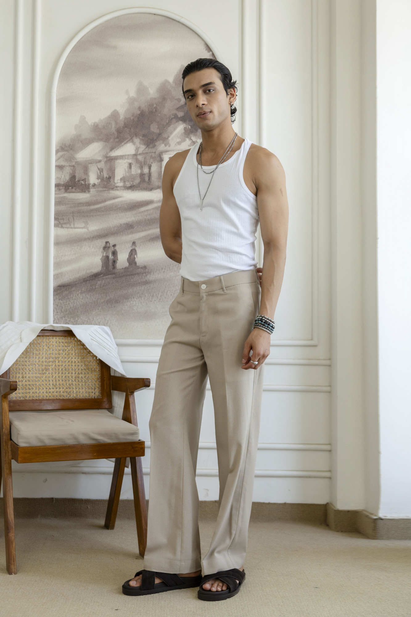 Flared Linen Pants In Beige