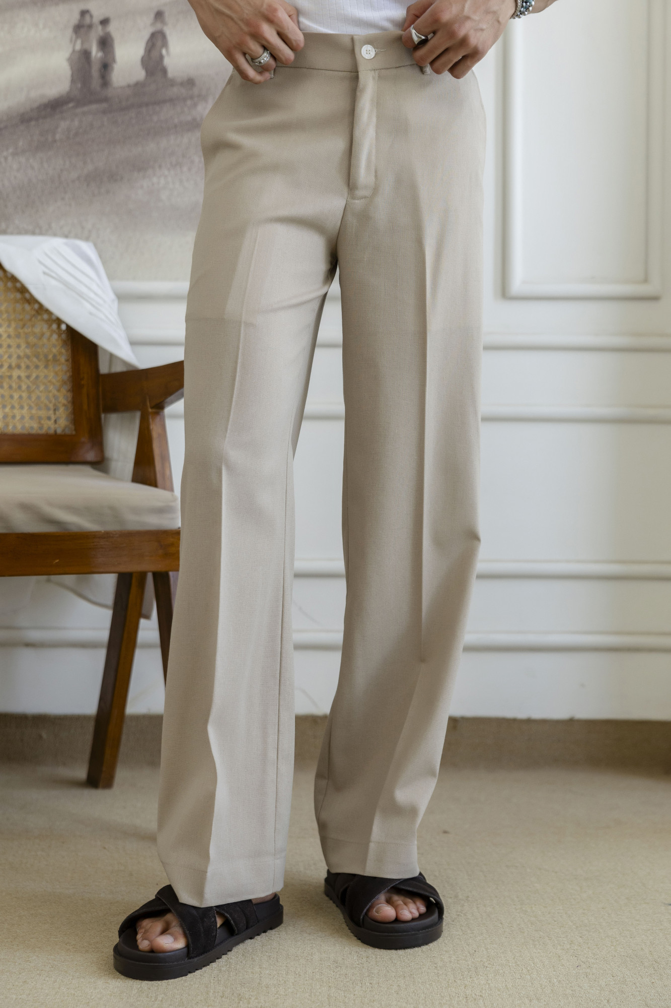 Flared Linen Pants In Beige