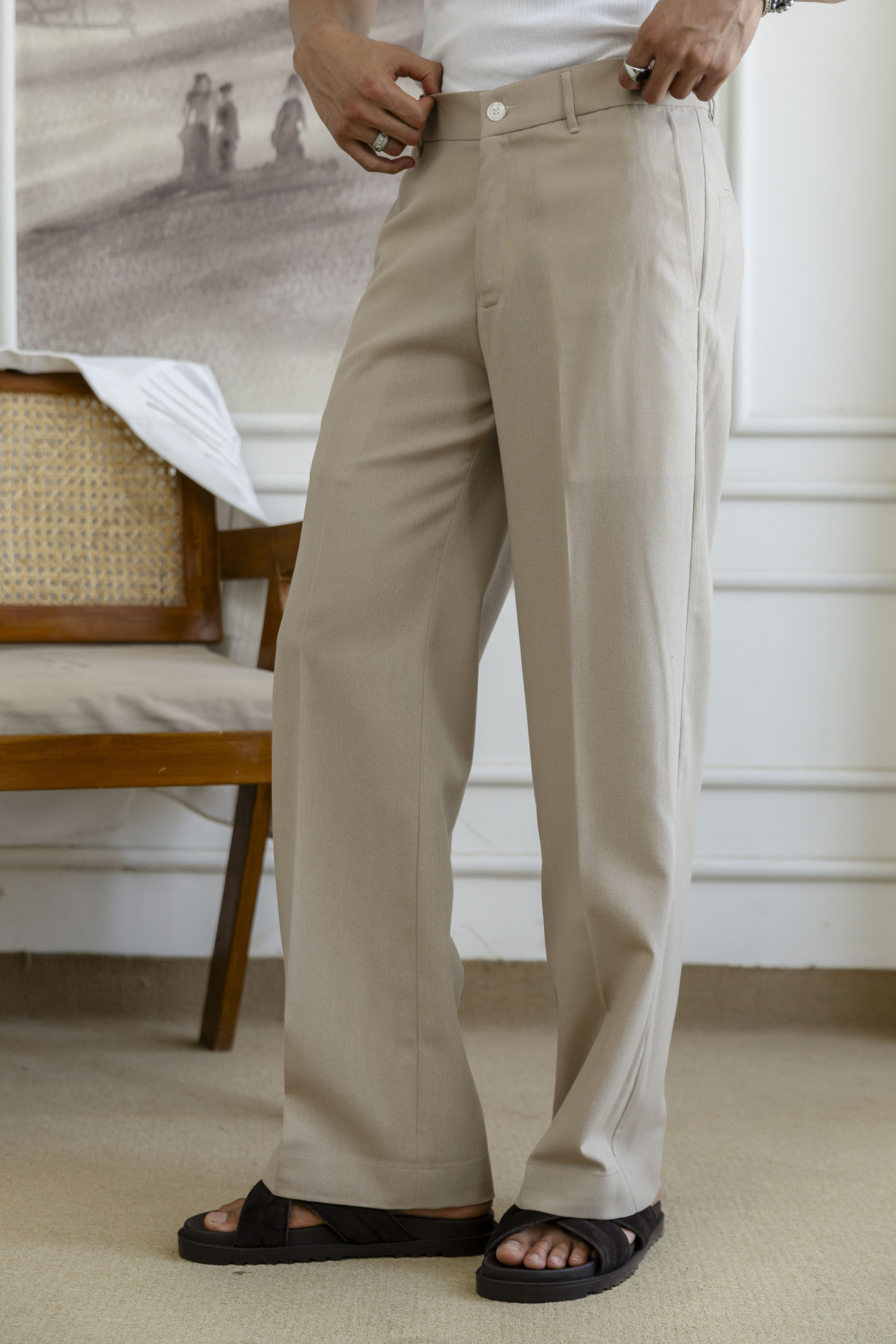Flared Linen Pants In Beige