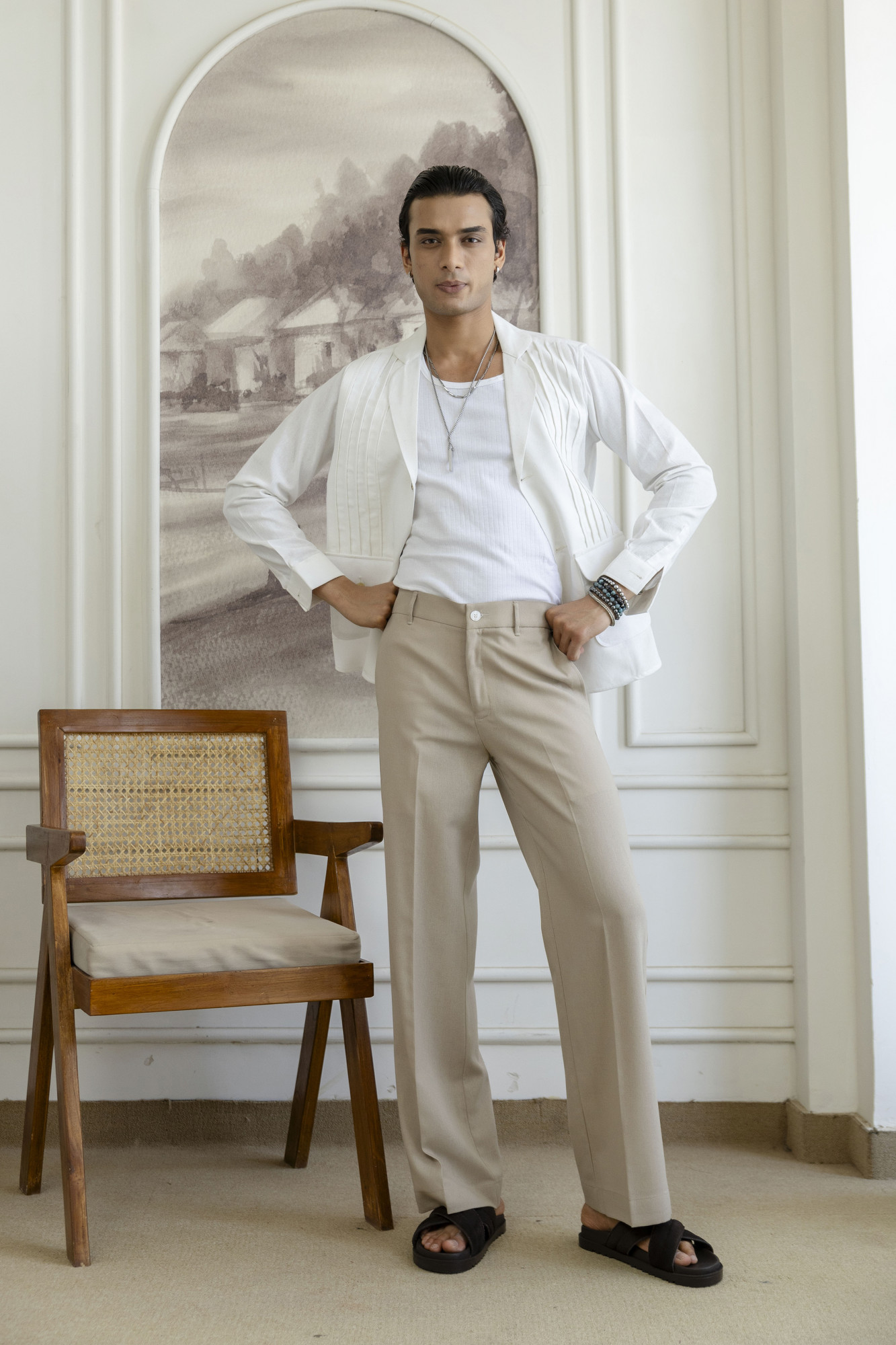 Flared Linen Pants In Beige