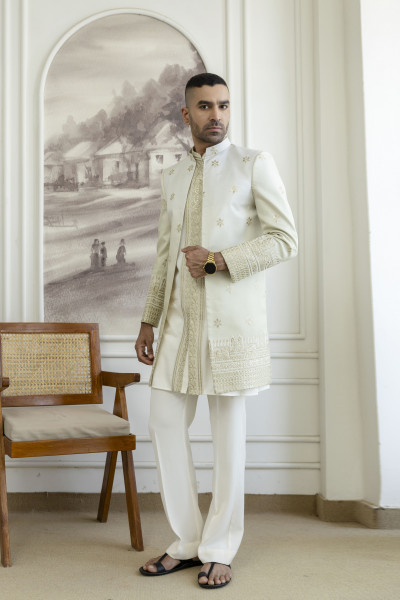 Gota Foil Embroidered Open Bandhgala Kurta Set