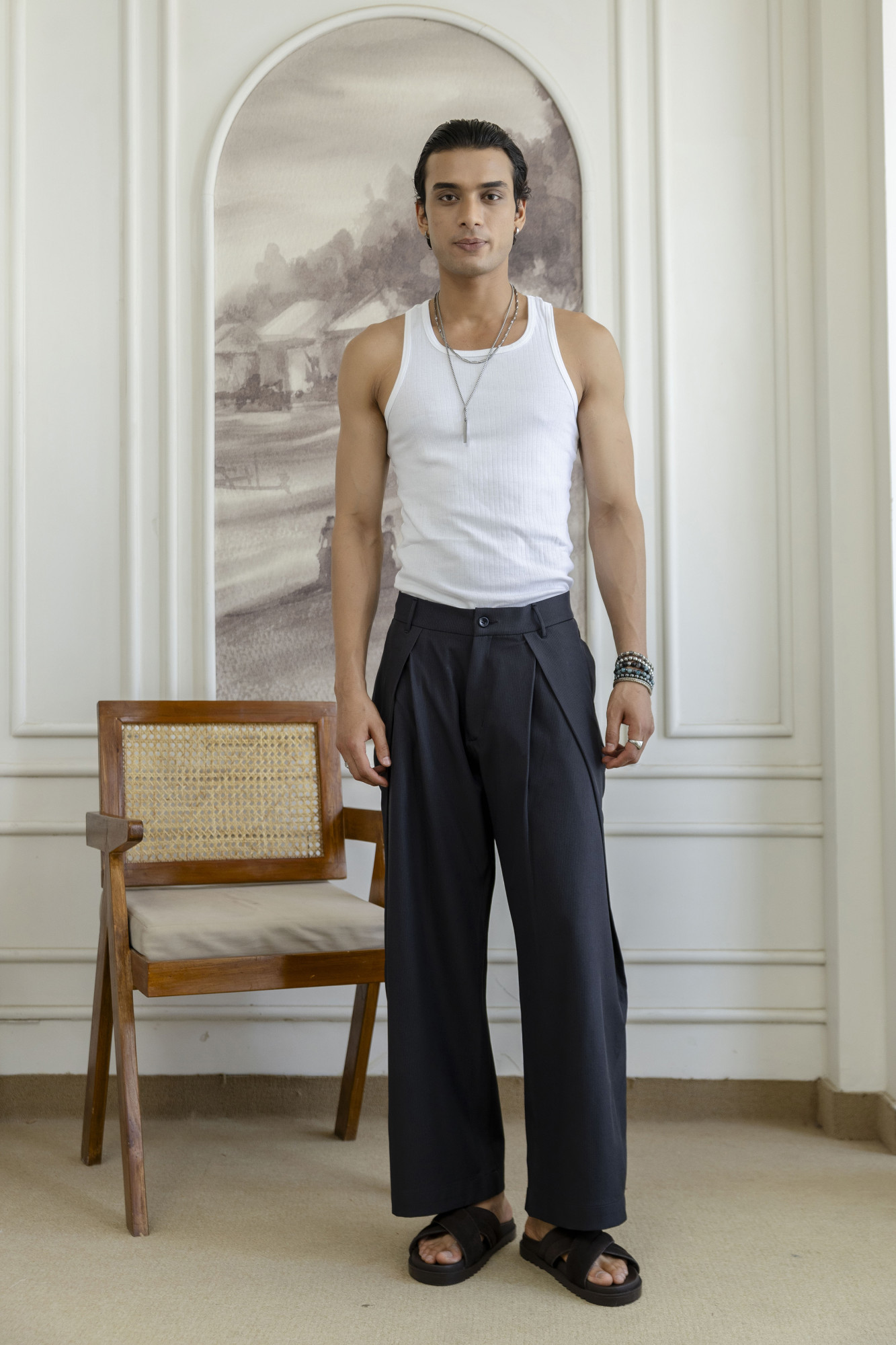 Overfold Draped Striped Trousers in Black