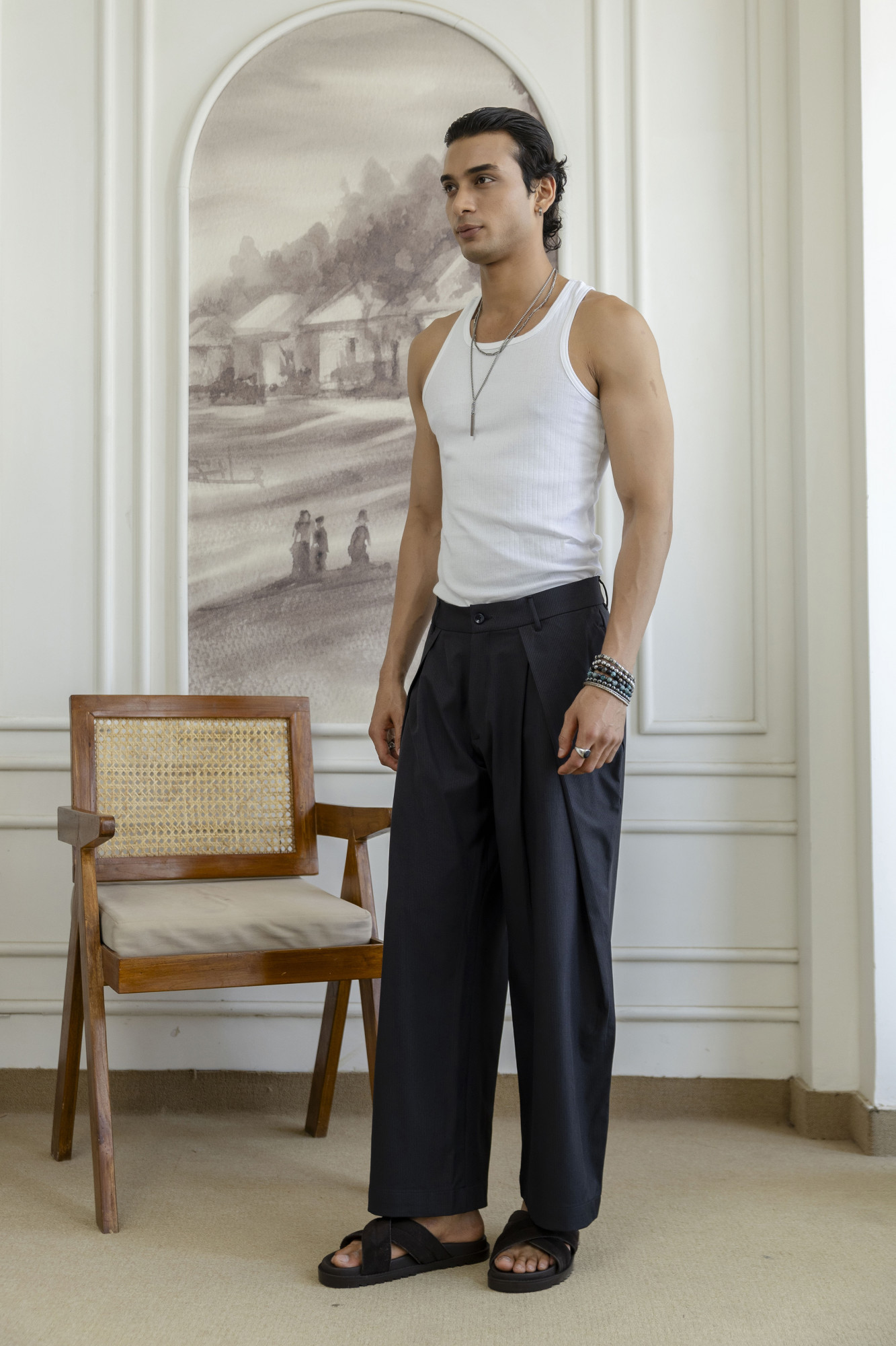 Overfold Draped Striped Trousers in Black