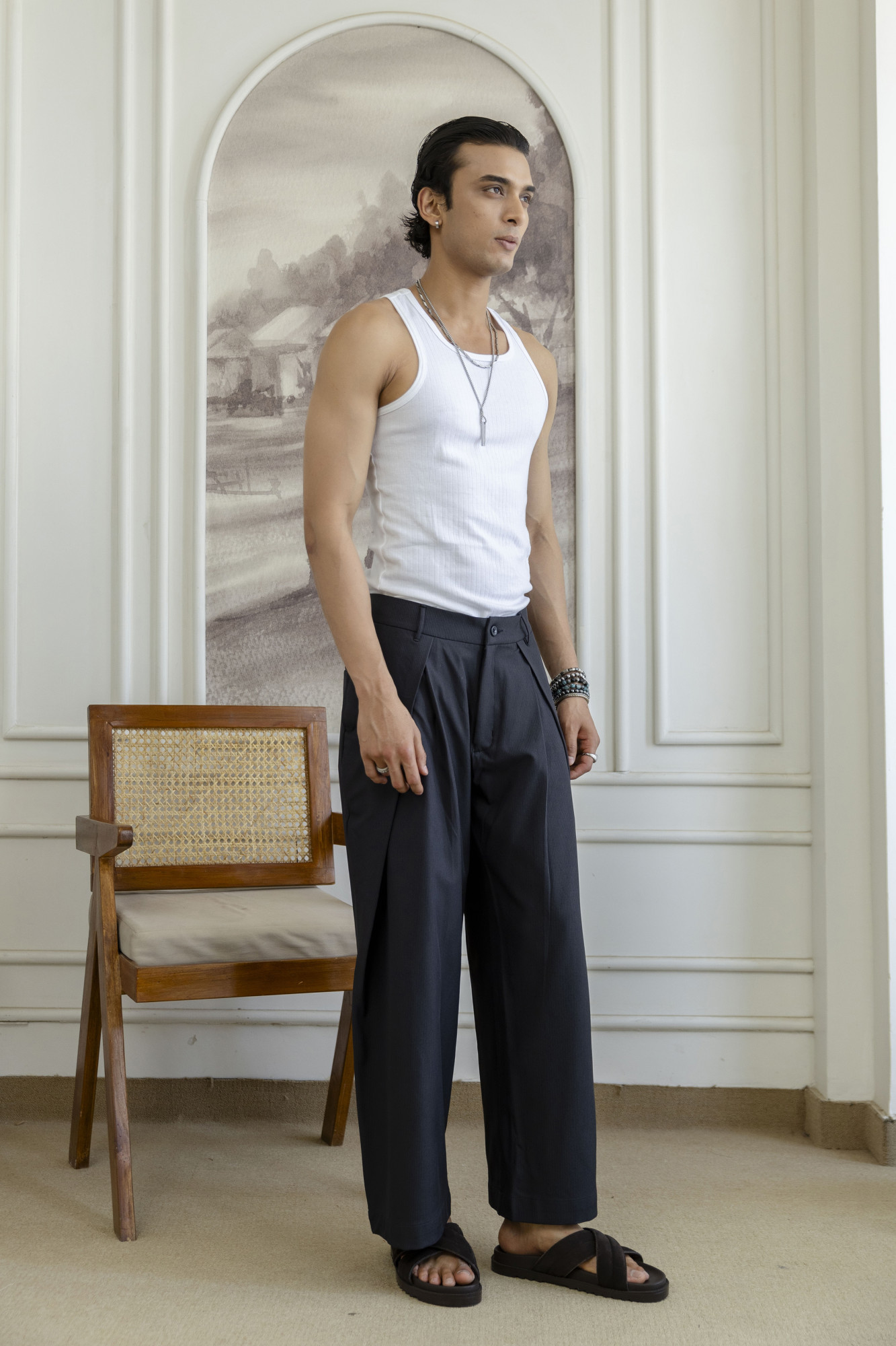 Overfold Draped Striped Trousers in Black