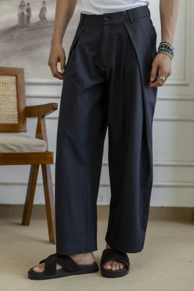 Overfold Draped Striped Trousers in Black