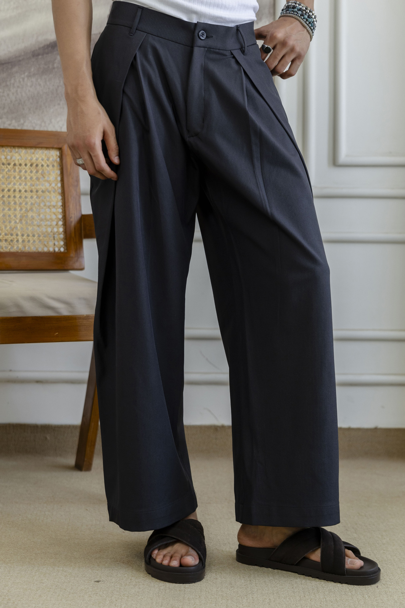 Overfold Draped Striped Trousers in Black