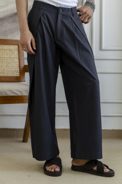 Overfold Draped Striped Trousers in Black