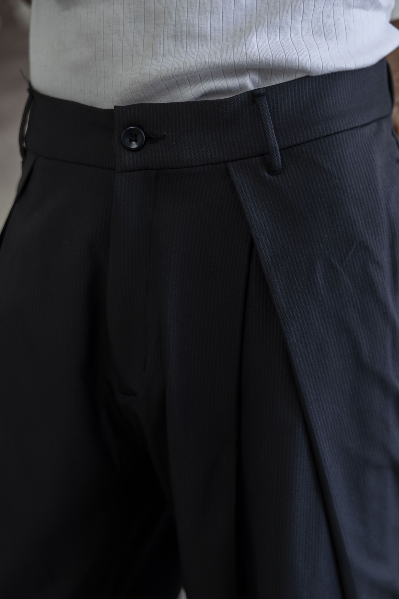 Overfold Draped Striped Trousers in Black