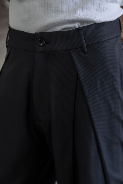 Overfold Draped Striped Trousers in Black