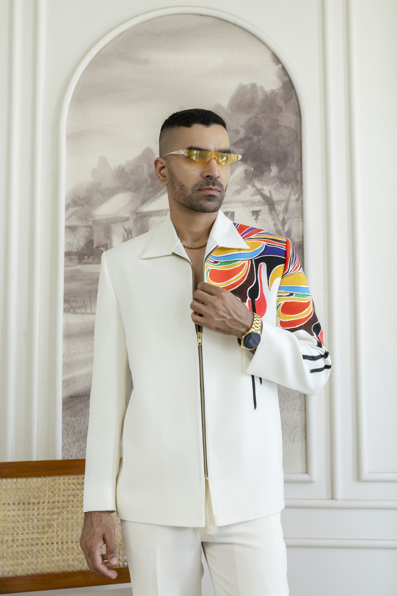 Hand Painted Zip Shacket In Off-White