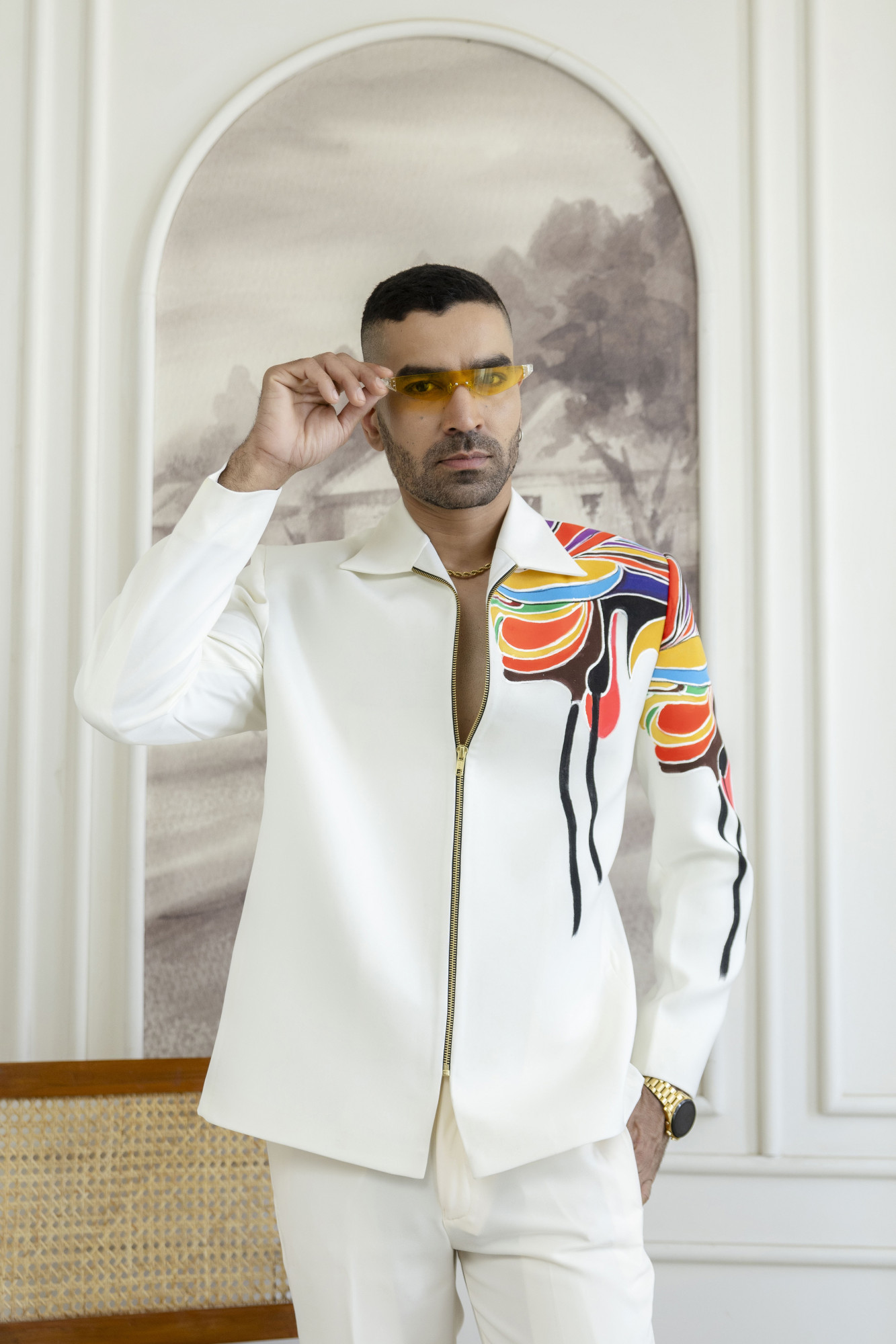 Hand Painted Zip Shacket In Off-White