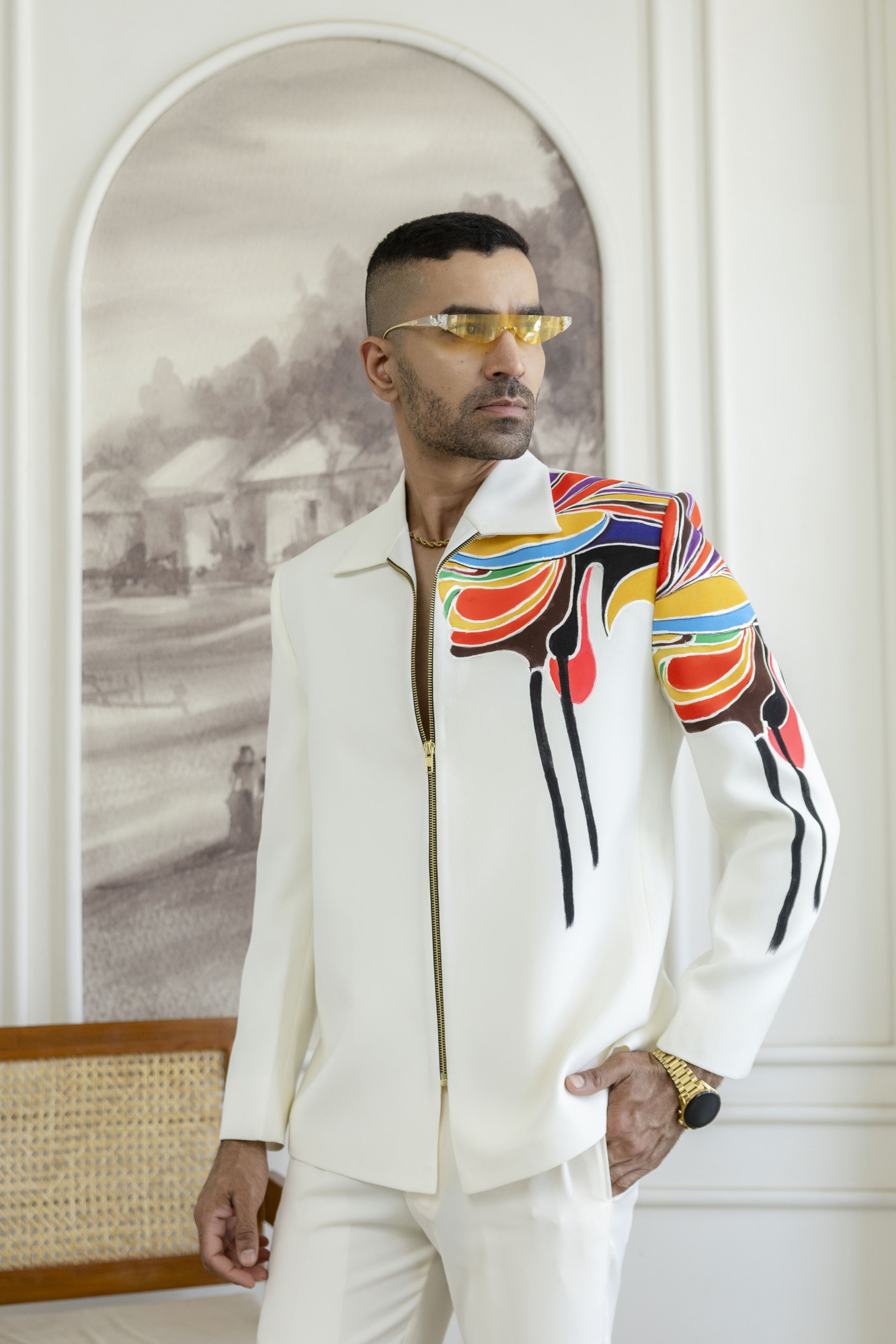 Hand Painted Zip Shacket In Off-White