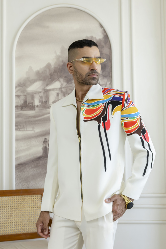 Image of Hand Painted Zip Shacket In Off-White