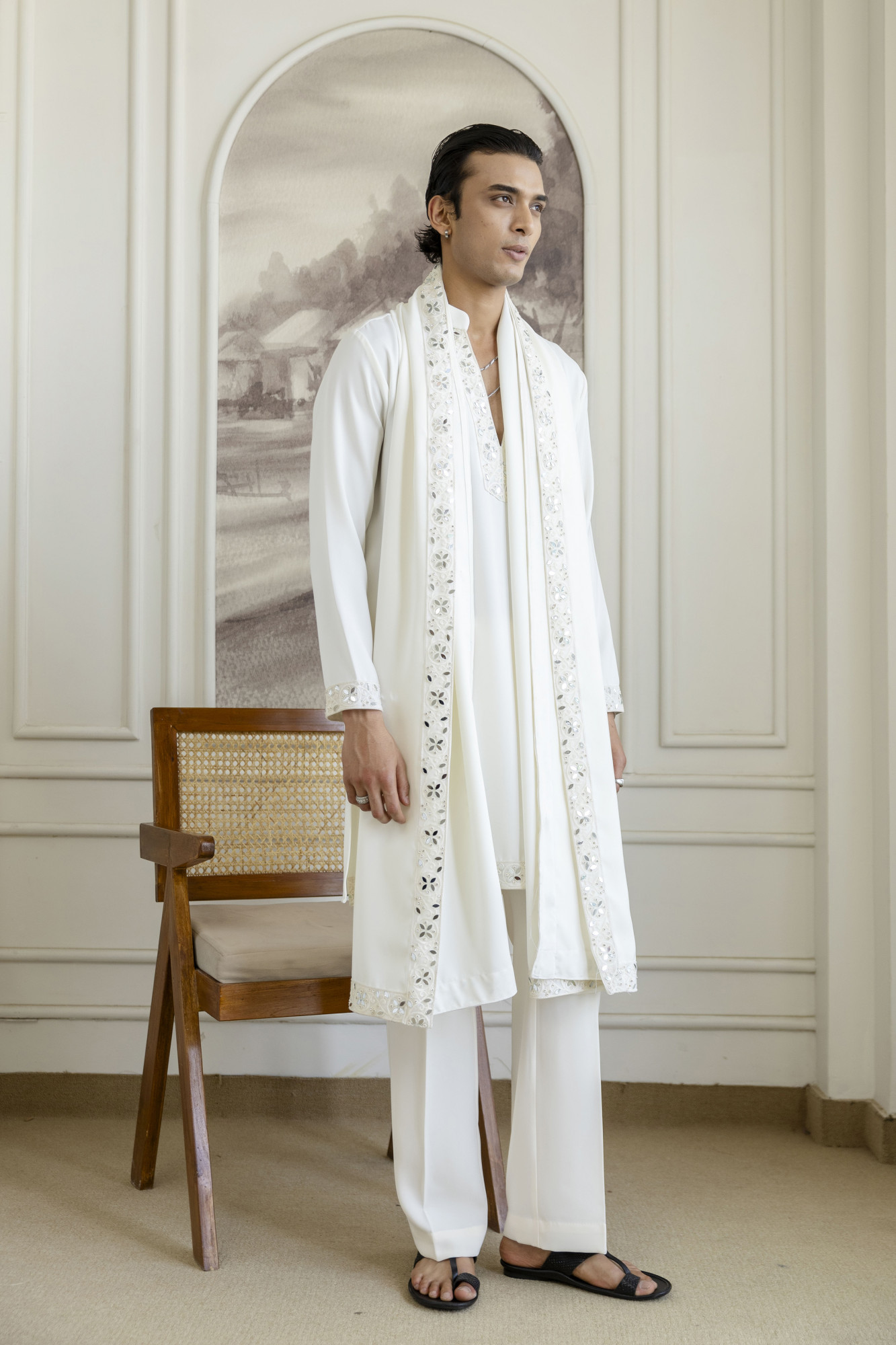 Mirror Laced Japanese Kurta With Dupatta In Off-White