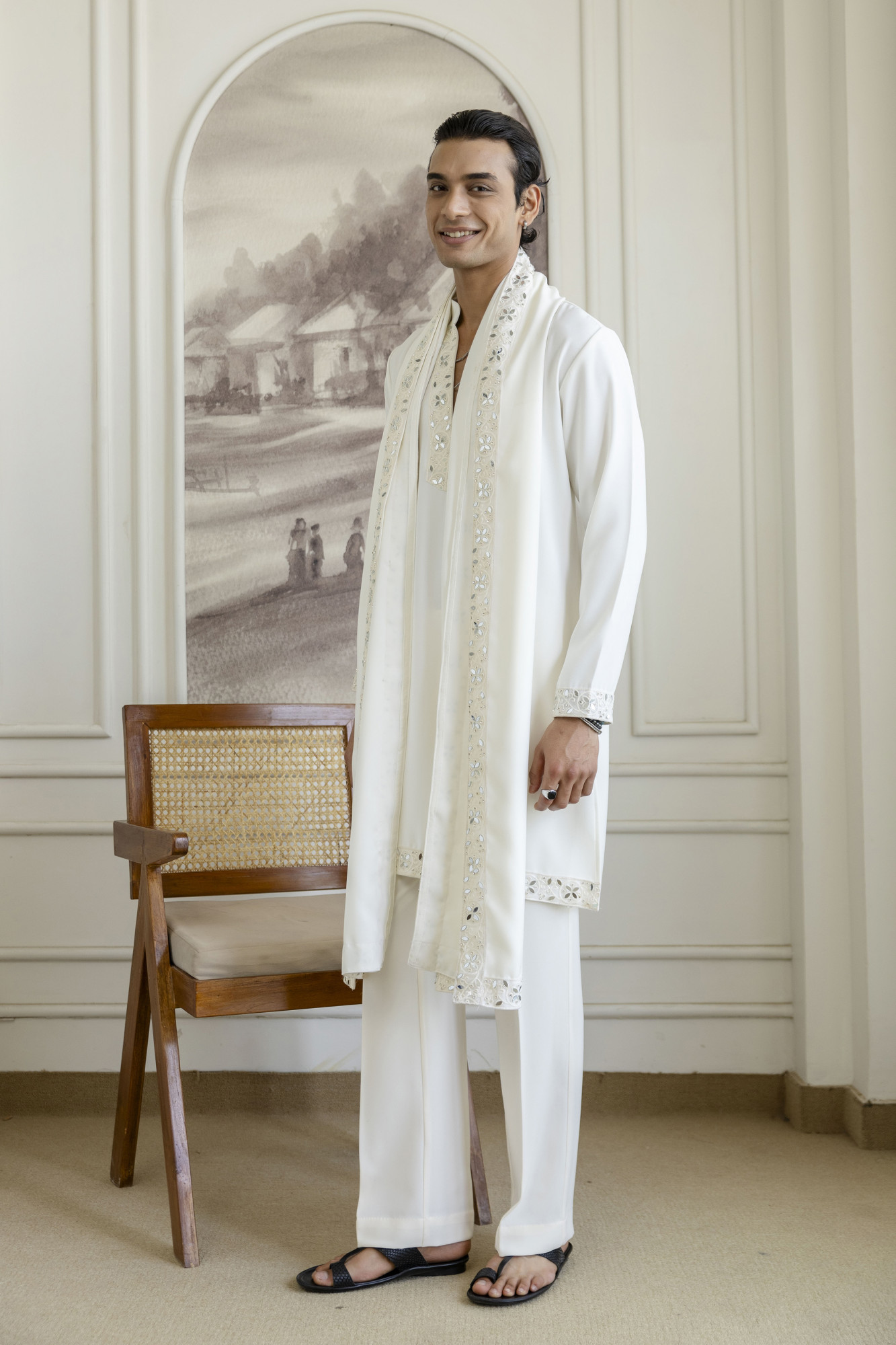 Mirror Laced Japanese Kurta With Dupatta In Off-White