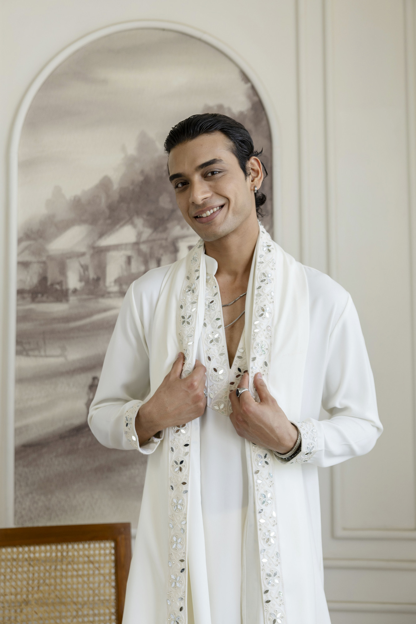 Mirror Laced Japanese Kurta With Dupatta In Off-White