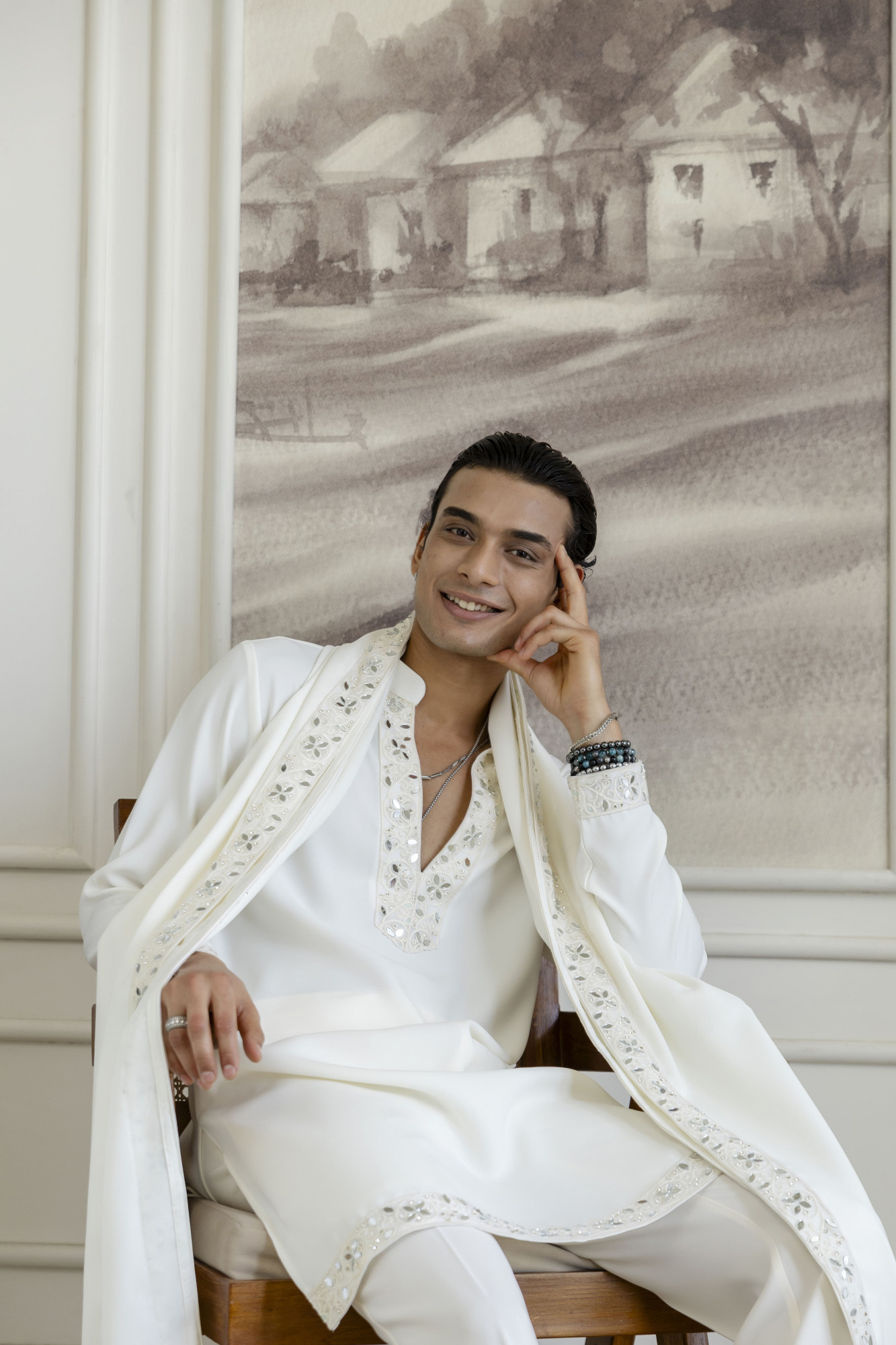 Mirror Laced Japanese Kurta With Dupatta In Off-White