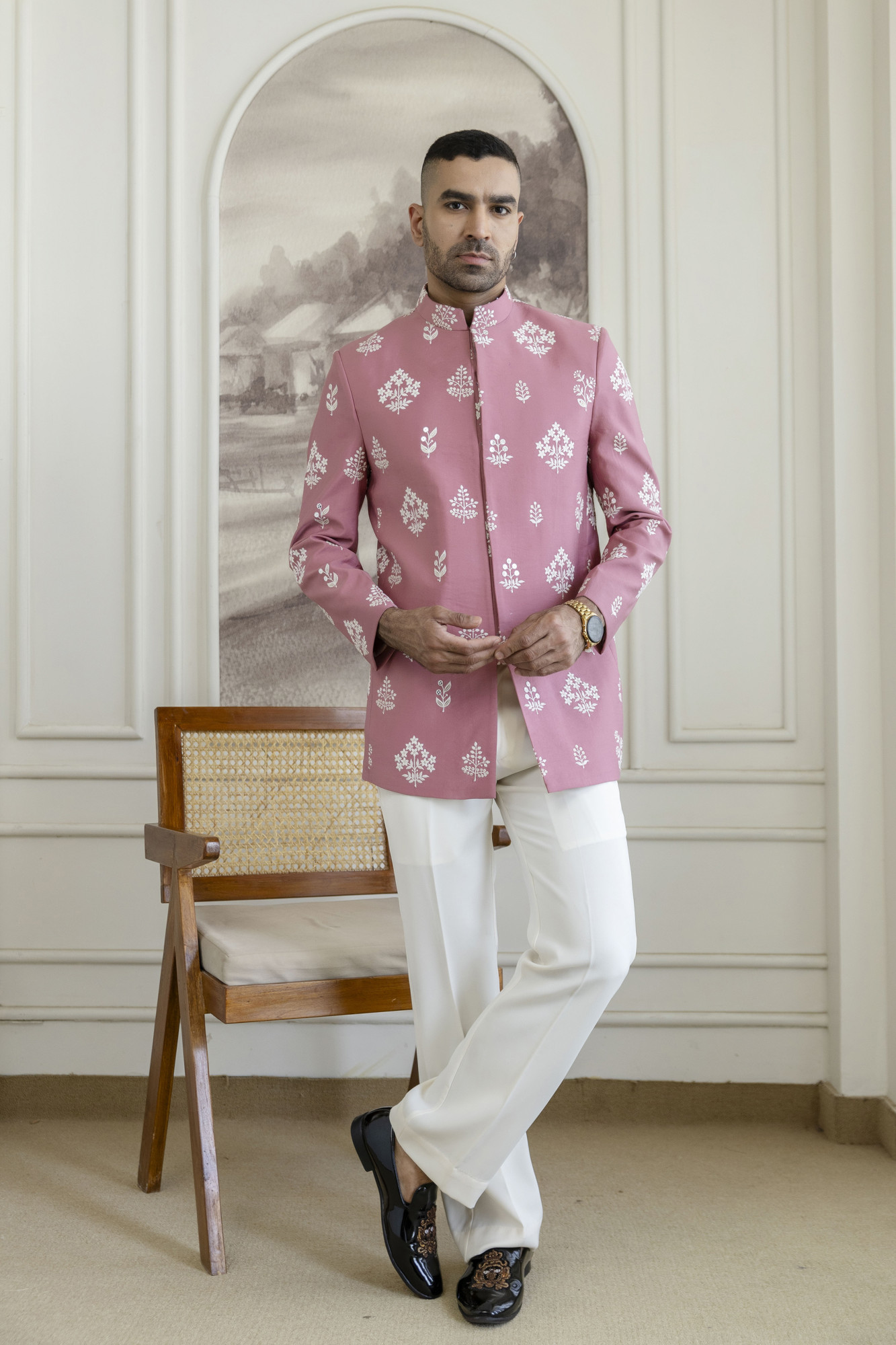 Embroidered Achkan In Pink