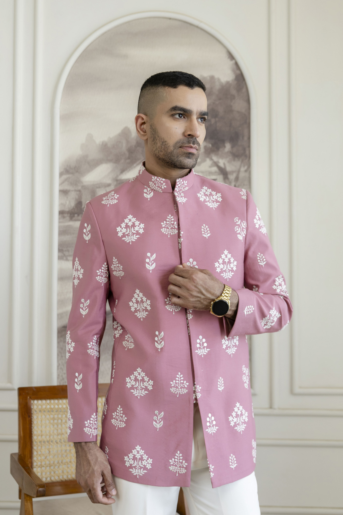 Embroidered Achkan In Pink