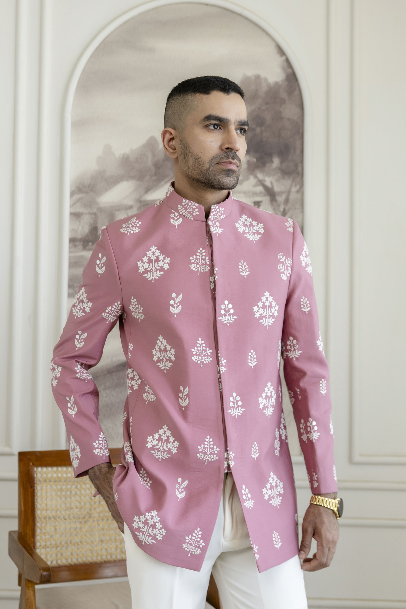 Embroidered Achkan In Pink