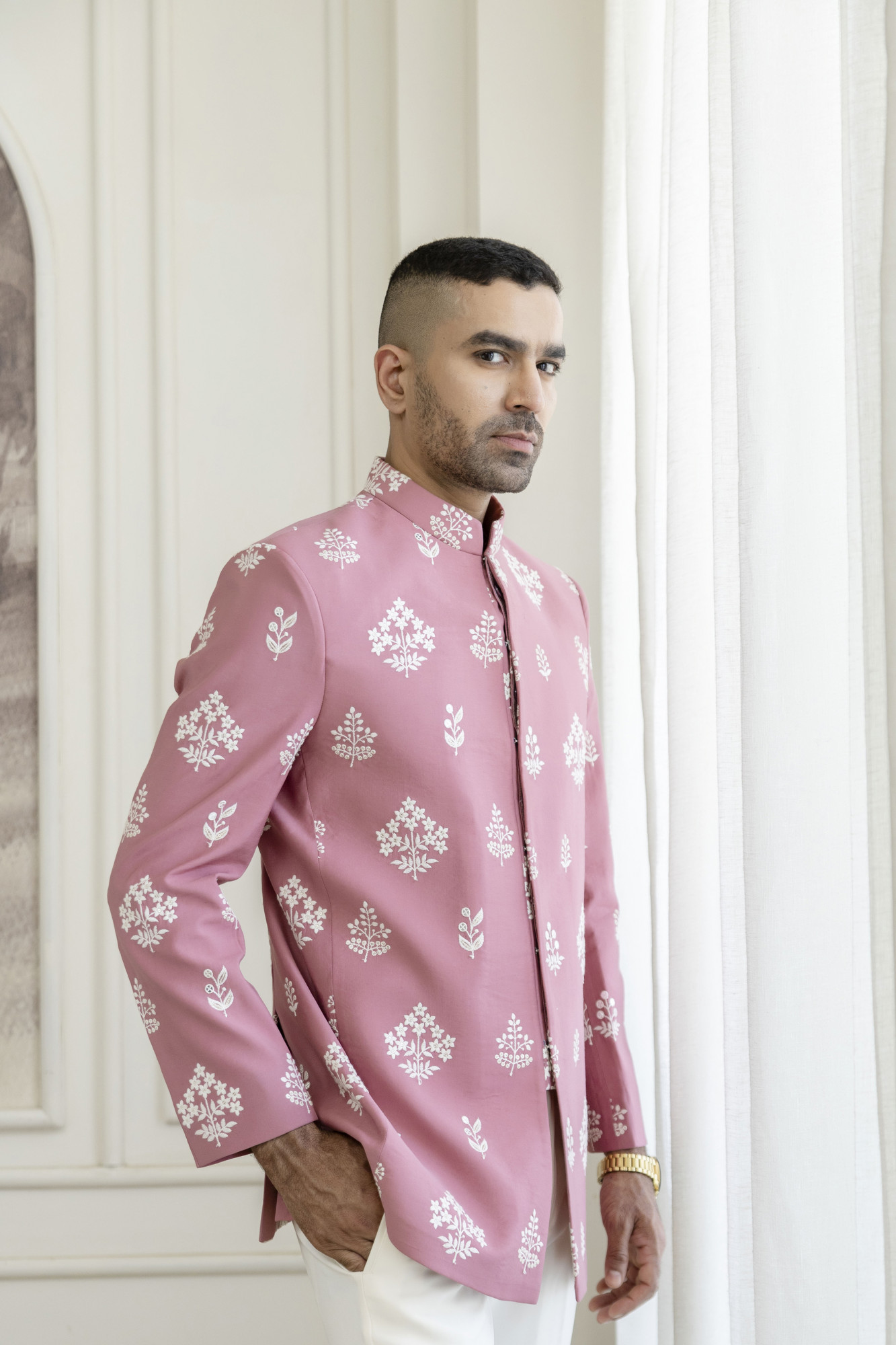 Embroidered Achkan In Pink