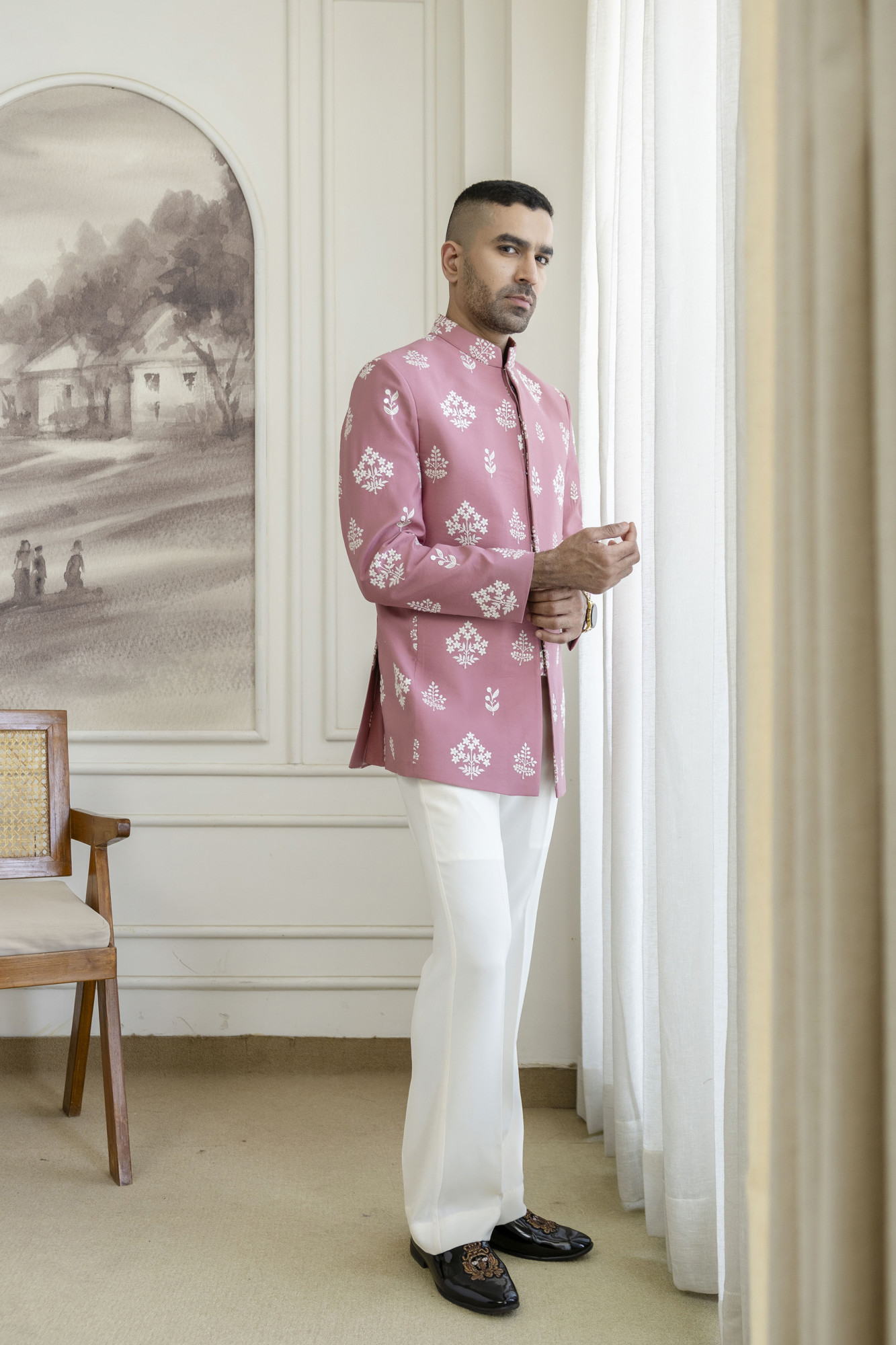 Embroidered Achkan In Pink