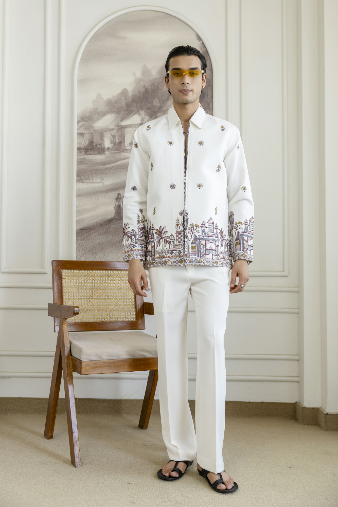Embroidered Chained Shacket In White