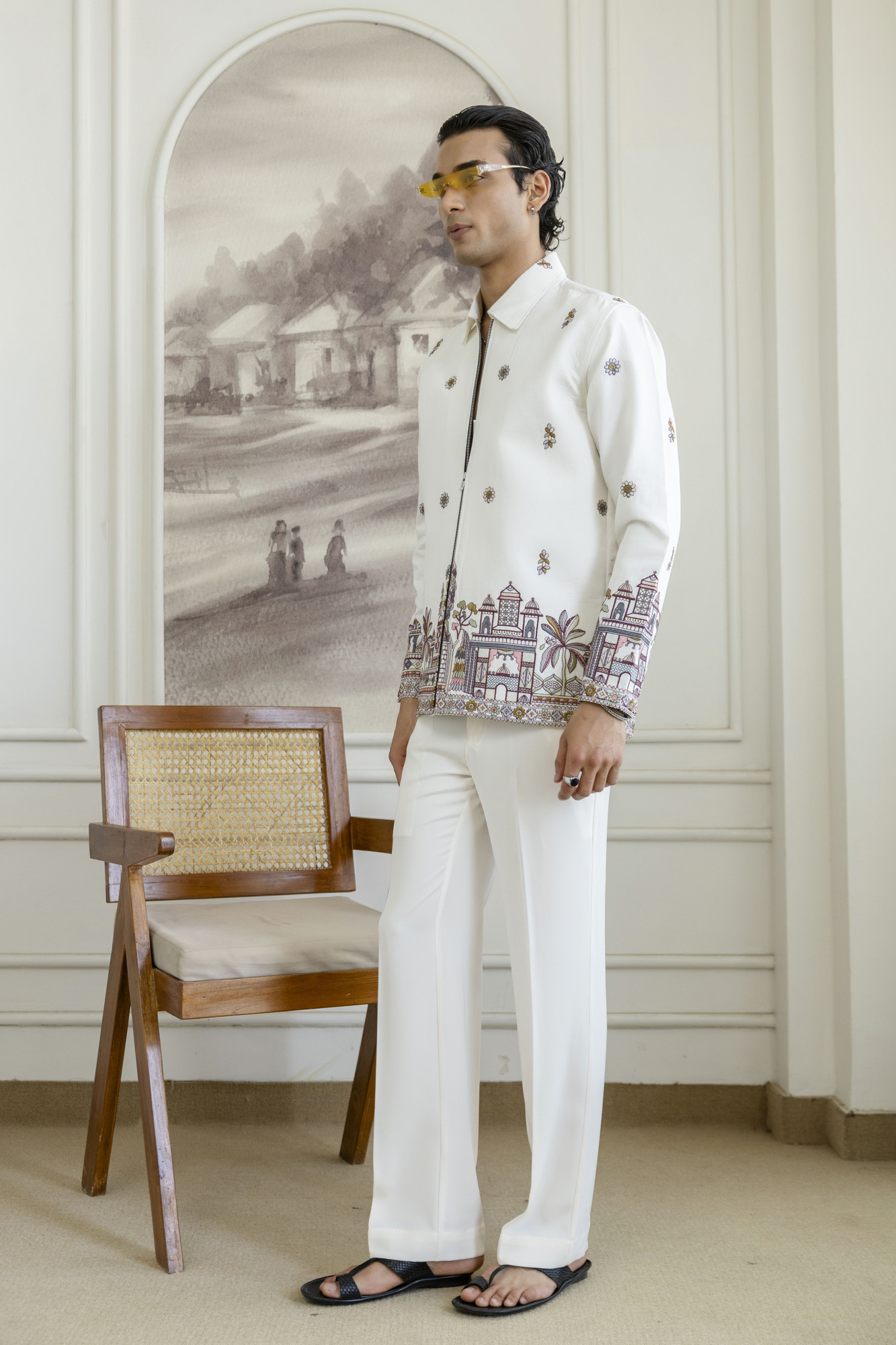 Embroidered Chained Shacket In White