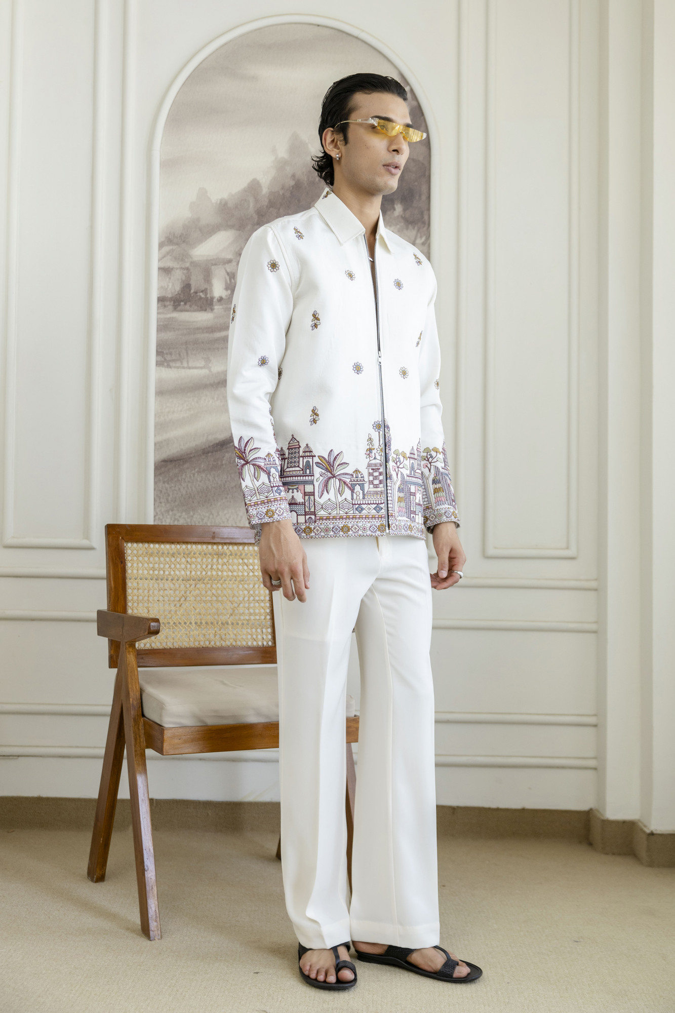 Embroidered Chained Shacket In White